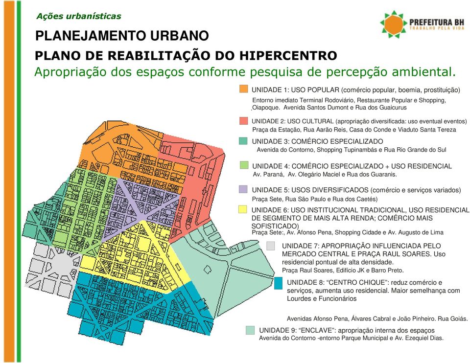 Avenida Santos Dumont e Rua dos Guaicurus UNIDADE 2: USO CULTURAL (apropriação diversificada: uso eventual eventos) Praça da Estação, Rua Aarão Reis, Casa do Conde e Viaduto Santa Tereza UNIDADE 3: