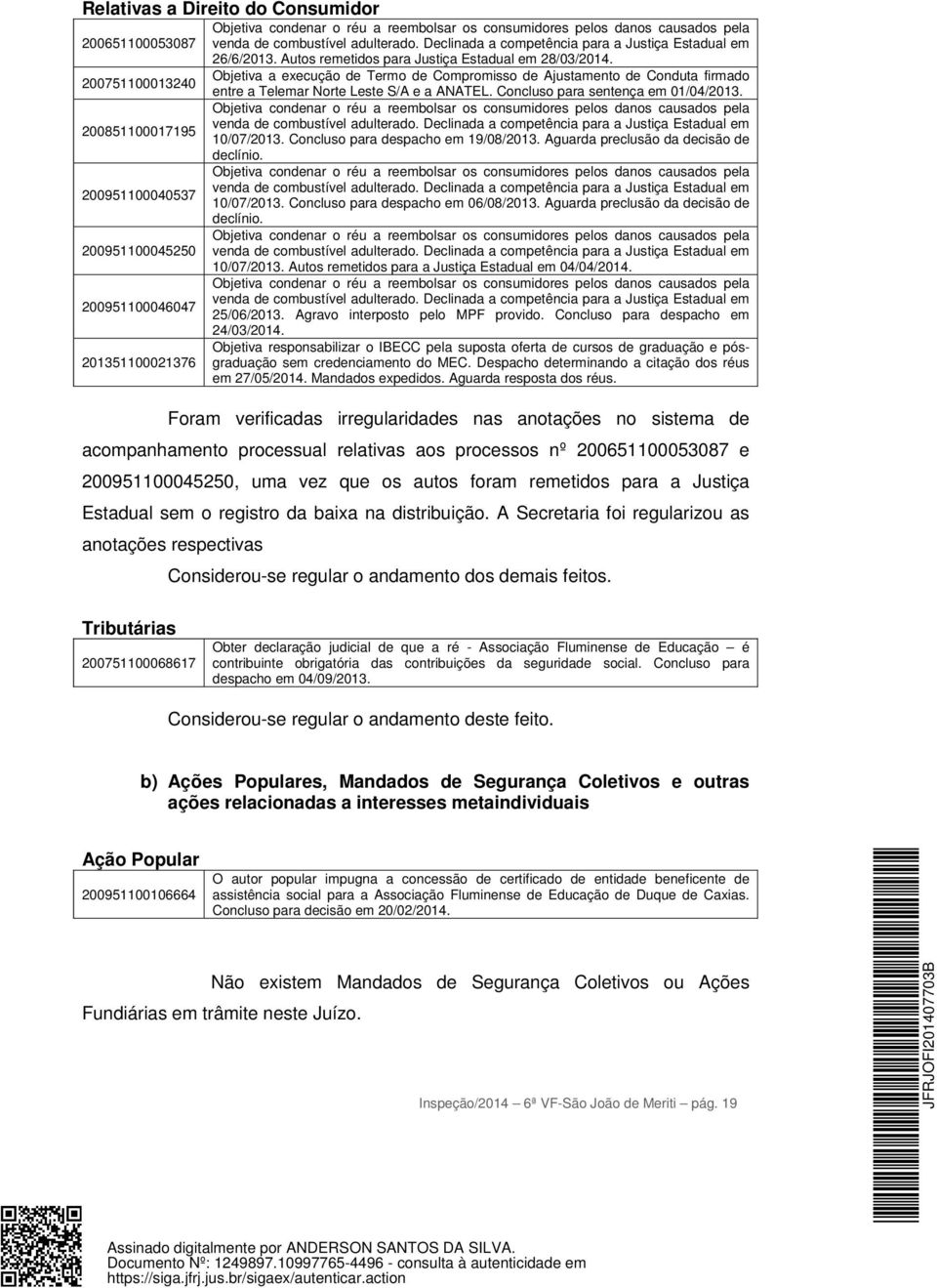 Objetiva a execução de Termo de Compromisso de Ajustamento de Conduta firmado entre a Telemar Norte Leste S/A e a ANATEL. Concluso para sentença em 01/04/2013.