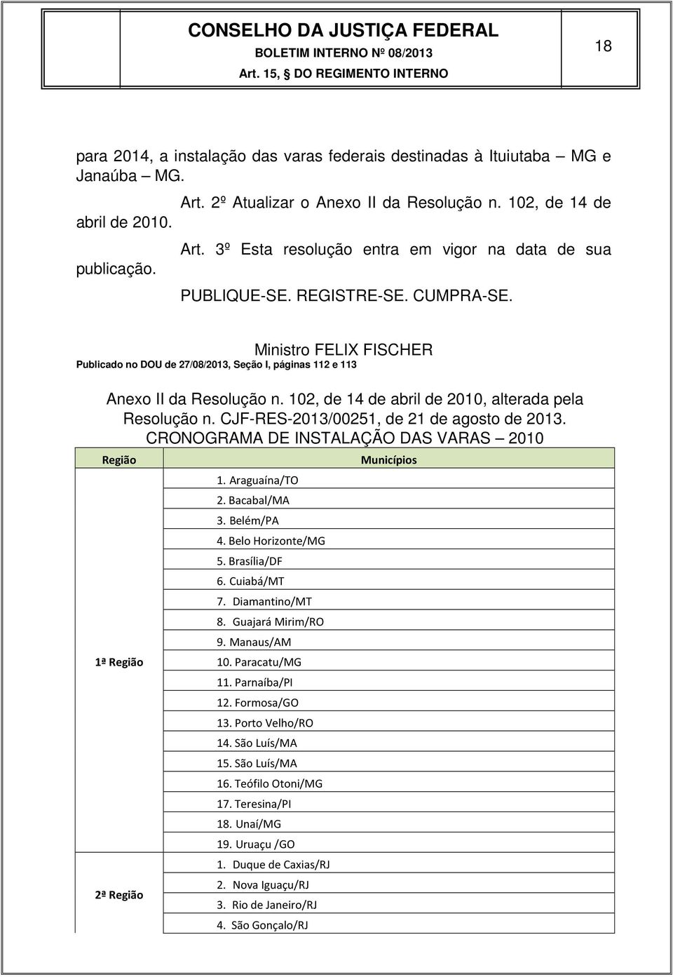 102, de 14 de abril de 2010, alterada pela Resolução n. CJF-RES-2013/00251, de 21 de agosto de 2013. CRONOGRAMA DE INSTALAÇÃO DAS VARAS 2010 Região 1ª Região 2ª Região 1. Araguaína/TO 2. Bacabal/MA 3.