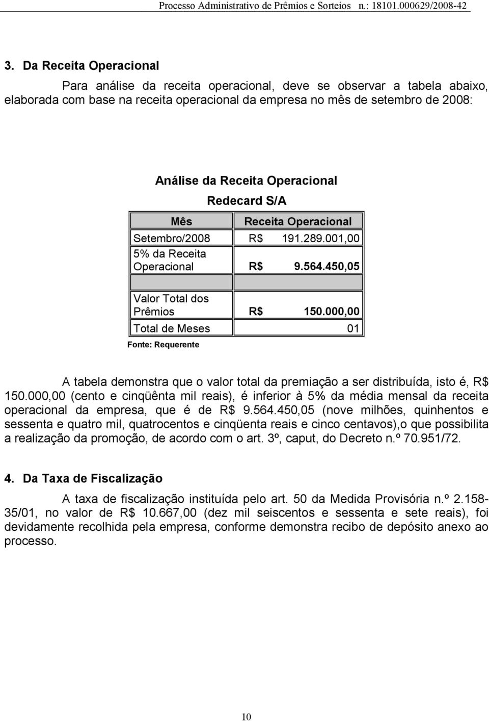 000,00 Total de Meses 01 Fonte: Requerente A tabela demonstra que o valor total da premiação a ser distribuída, isto é, R$ 150.