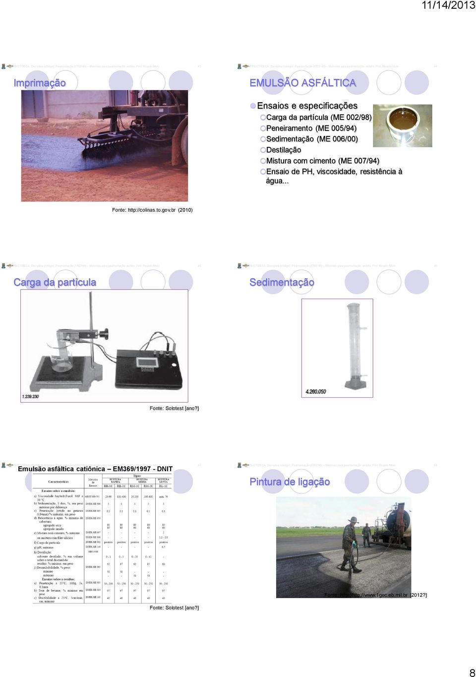 Ricardo Melo 44 Imprimação EMULSÃO ASFÁLTICA Ensaios e especificações Carga da partícula (ME 002/98) Peneiramento (ME 005/94) Sedimentação (ME 006/00) Destilação Mistura com cimento (ME 007/94)