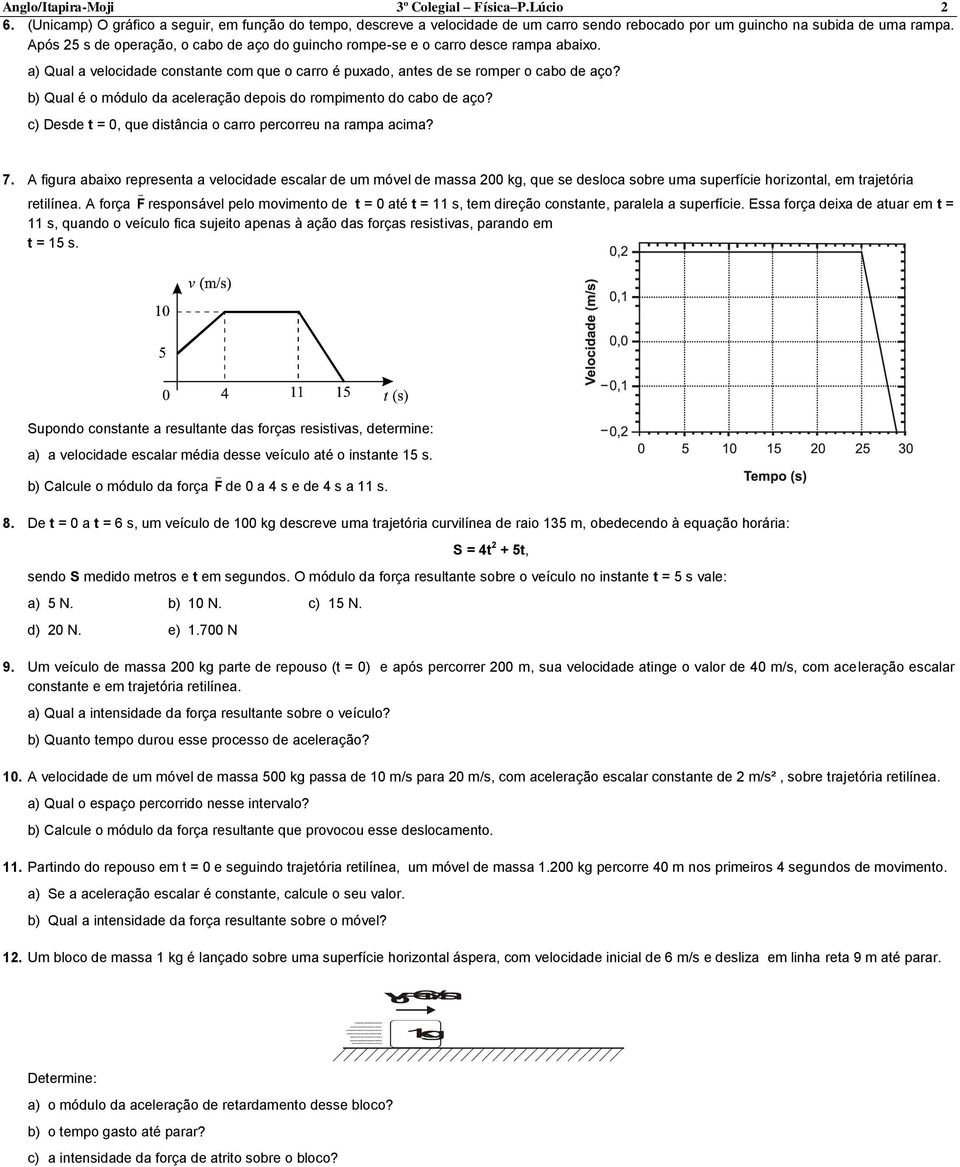 b) Qual é o módulo da aceleração depois do rompimento do cabo de aço? c) Desde t = 0, que distância o carro percorreu na rampa acima? 7.