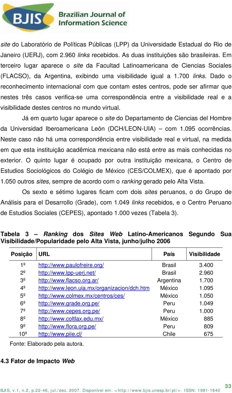 Dado o reconhecimento internacional com que contam estes centros, pode ser afirmar que nestes três casos verifica-se uma correspondência entre a visibilidade real e a visibilidade destes centros no