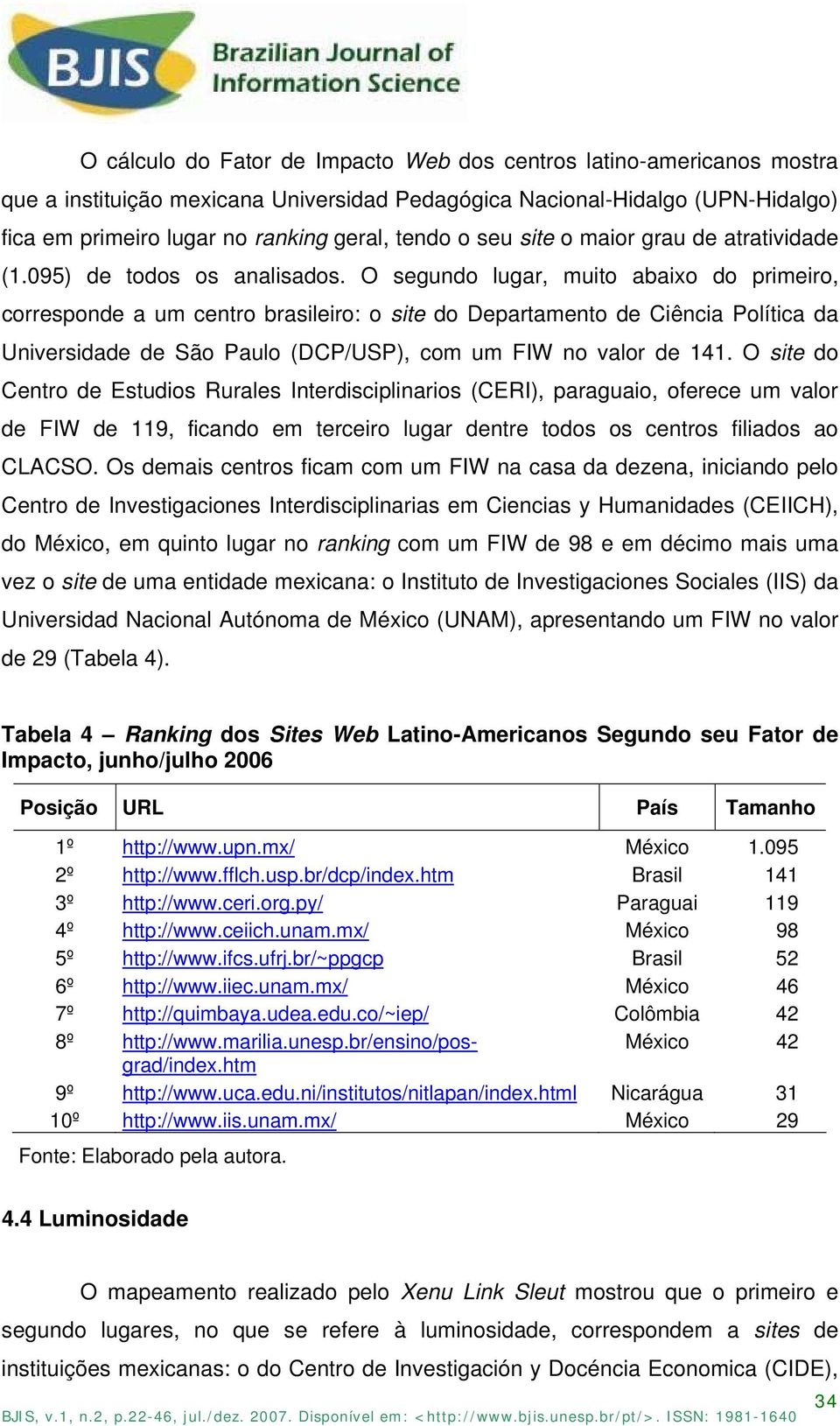 O segundo lugar, muito abaixo do primeiro, corresponde a um centro brasileiro: o site do Departamento de Ciência Política da Universidade de São Paulo (DCP/USP), com um FIW no valor de 141.