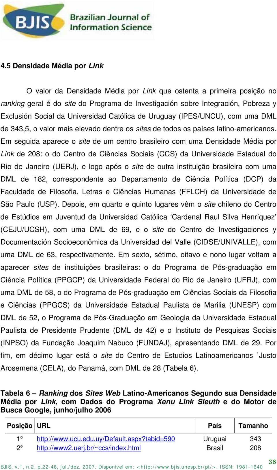 Em seguida aparece o site de um centro brasileiro com uma Densidade Média por Link de 208: o do Centro de Ciências Sociais (CCS) da Universidade Estadual do Rio de Janeiro (UERJ), e logo após o site