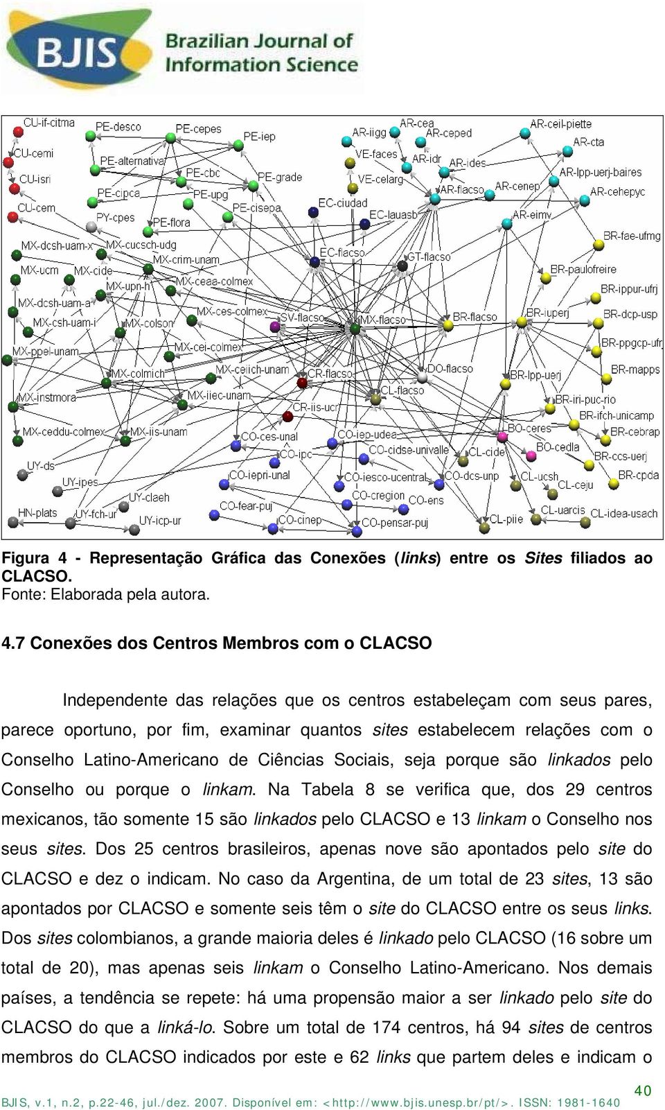 7 Conexões dos Centros Membros com o CLACSO Independente das relações que os centros estabeleçam com seus pares, parece oportuno, por fim, examinar quantos sites estabelecem relações com o Conselho