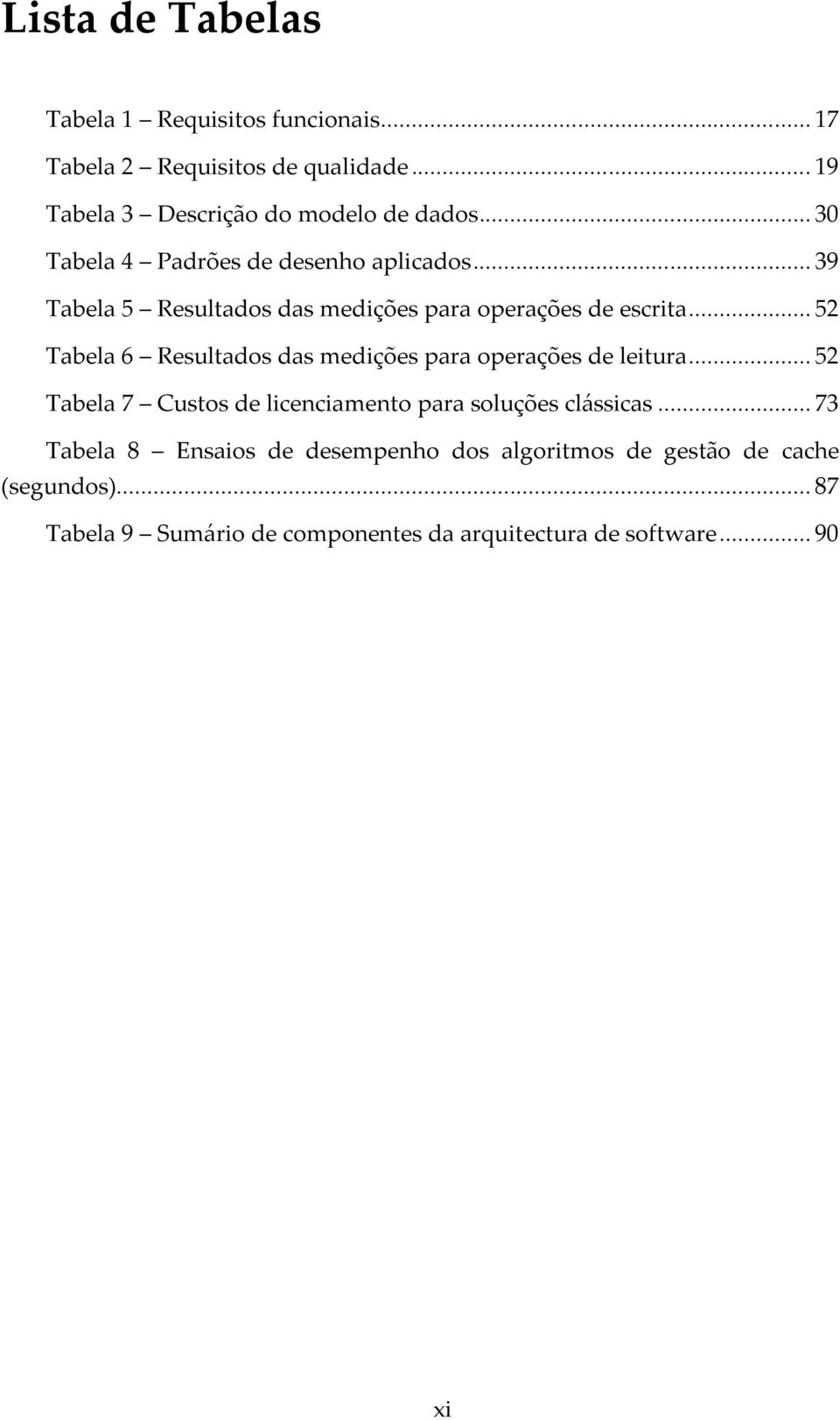 .. 52 Tabela 6 Resultados das medições para operações de leitura... 52 Tabela 7 Custos de licenciamento para soluções clássicas.