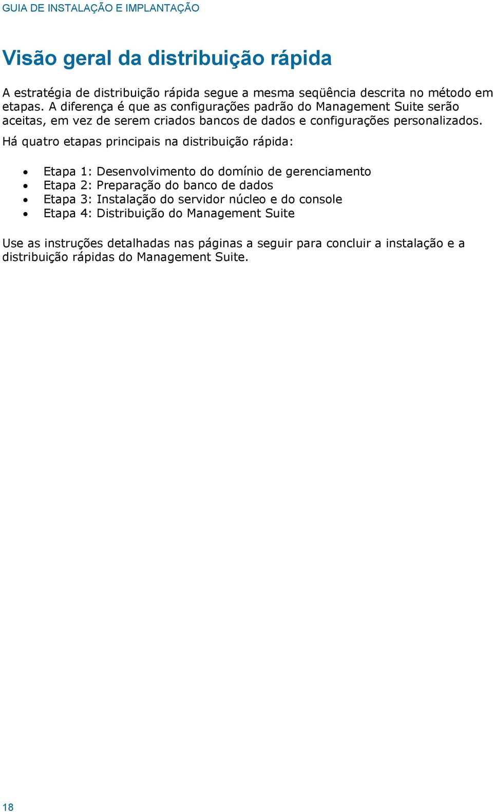 Há quatro etapas principais na distribuição rápida: Etapa 1: Desenvolvimento do domínio de gerenciamento Etapa 2: Preparação do banco de dados Etapa 3: Instalação do