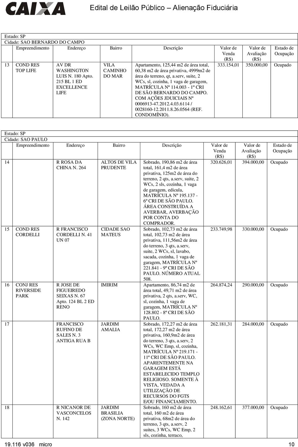 serv, suite, 2 WCs, sl, cozinha, 1 vaga de garagem, MATRÍCULA Nº 114.003-1º CRI DE SÃO BERNARDO DO CAMPO. COM AÇÕES JDUICIAIS Nº 0006913-47.2012.4.03.6114 / 0028160-12.2011.8.26.0564 (REF.