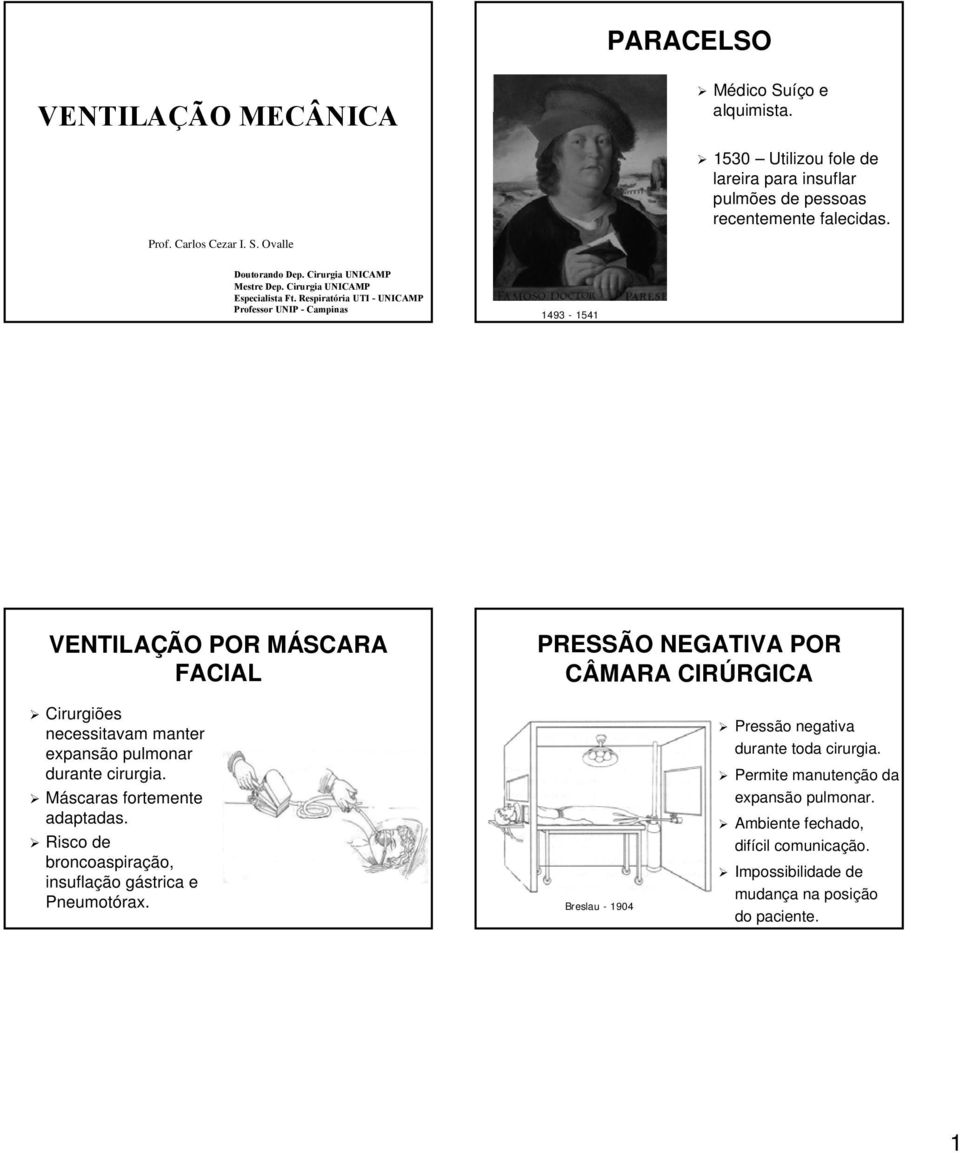 Respiratória ria UTI - UNICAMP Professor UNIP - Campinas 1493-1541 VENTILAÇÃO POR MÁSCARA M FACIAL PRESSÃO NEGATIVA POR CÂMARA CIRÚRGICA RGICA Cirurgiões necessitavam manter expansão