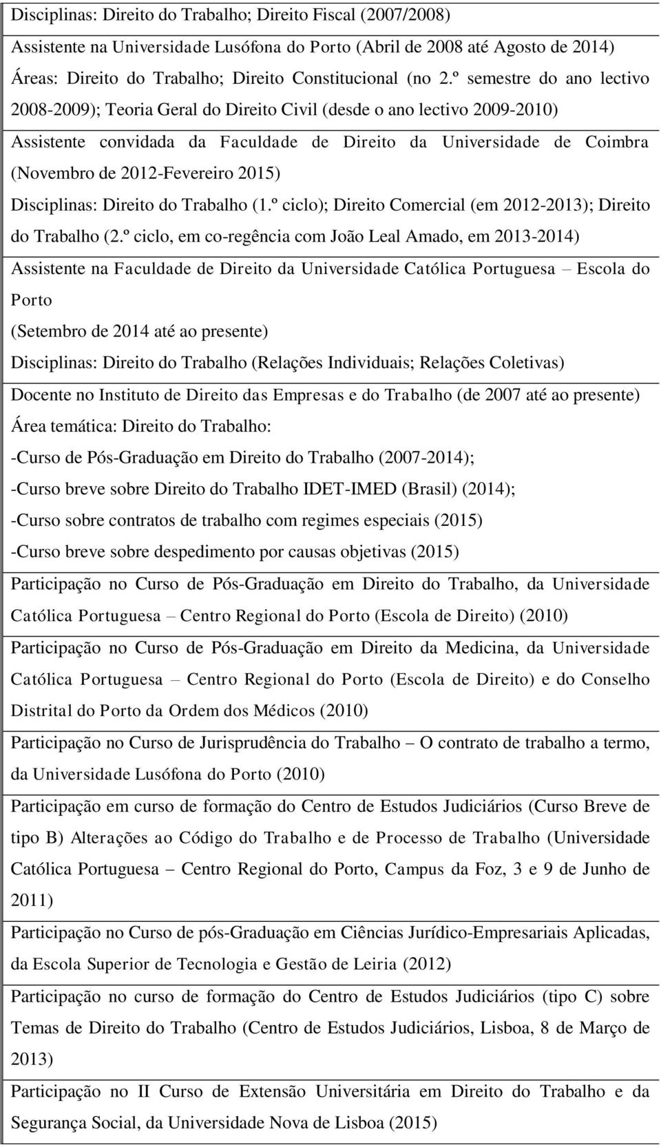 2015) Disciplinas: Direito do Trabalho (1.º ciclo); Direito Comercial (em 2012-2013); Direito do Trabalho (2.