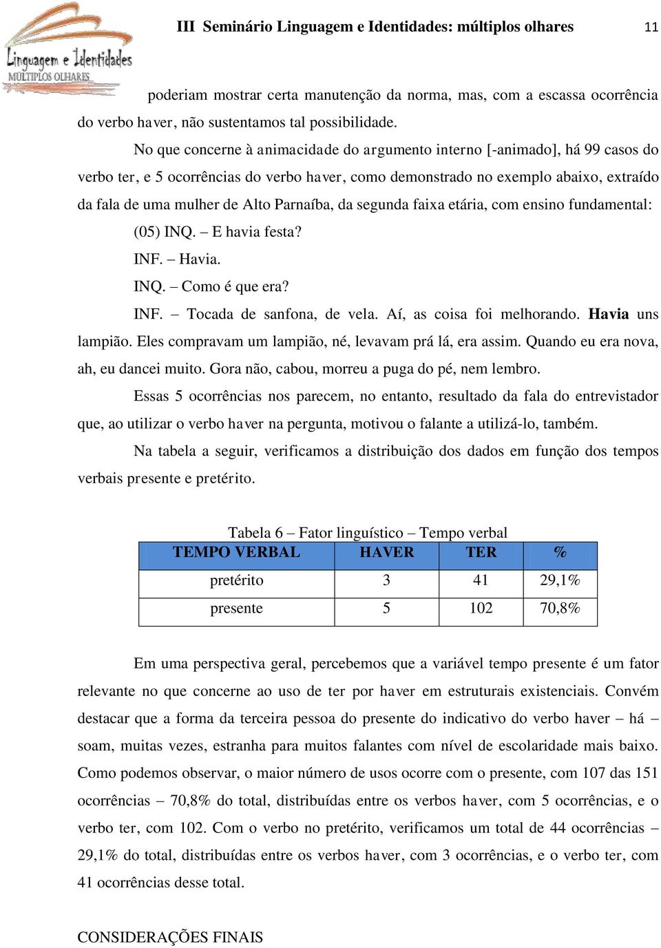 Parnaíba, da segunda faixa etária, com ensino fundamental: (05) INQ. E havia festa? INF. Havia. INQ. Como é que era? INF. Tocada de sanfona, de vela. Aí, as coisa foi melhorando. Havia uns lampião.