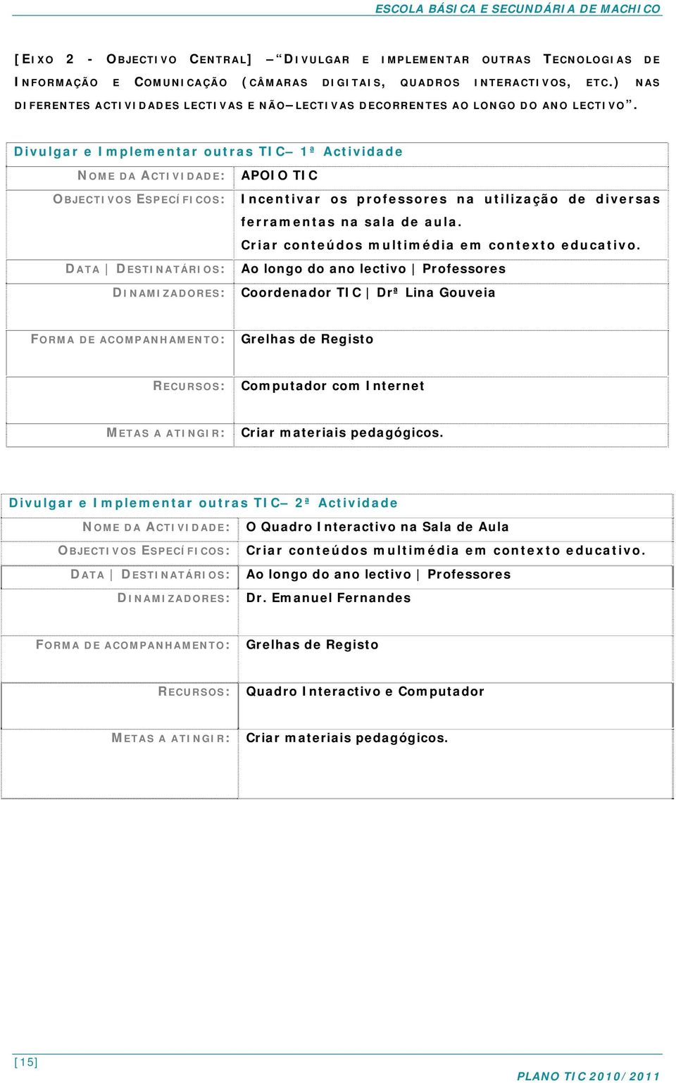 Divulgar e Implementar outras TIC 1ª Actividade NOME DA ACTIVIDADE: APOIO TIC OBJECTIVOS ESPECÍFICOS: Incentivar os professores na utilização de diversas ferramentas na sala de aula.