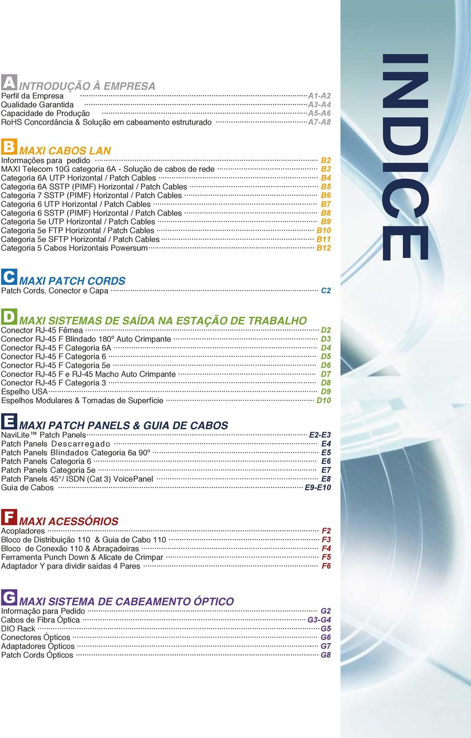 Patch Cables B6 Categoria 6 UTP Horizontal / Patch Cables B7 Categoria 6 SSTP (PIMF) Horizontal / Patch Cables B8 Categoria 5e UTP Horizontal / Patch Cables B9 Categoria 5e FTP Horizontal / Patch