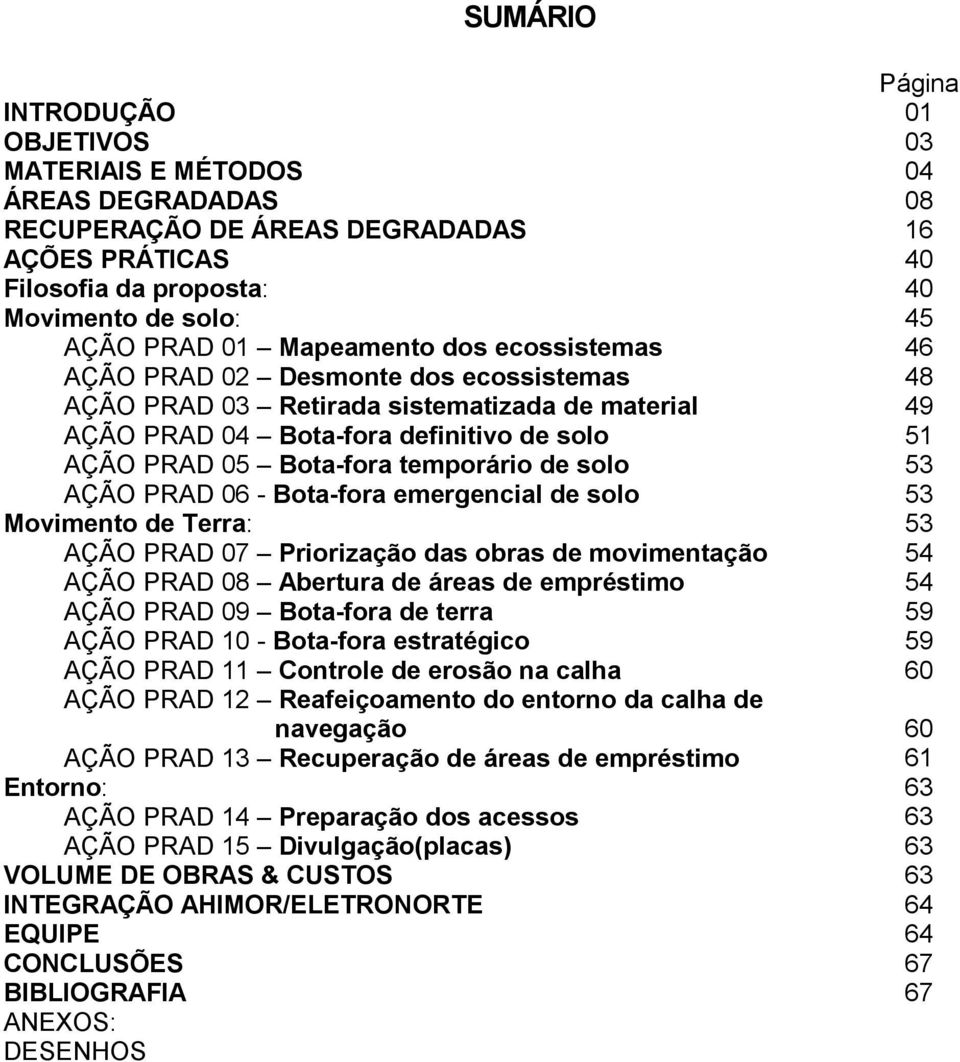 AÇÃO PRAD 06 - Bota-fora emergencial de solo Movimento de Terra: AÇÃO PRAD 07 Priorização das obras de movimentação AÇÃO PRAD 08 Abertura de áreas de empréstimo AÇÃO PRAD 09 Bota-fora de terra AÇÃO