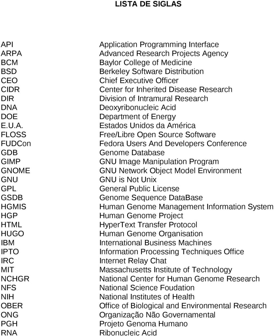 API ARPA BCM BSD CEO CIDR DIR DNA DOE E.U.A. FLOSS FUDCon GDB GIMP GNOME GNU GPL GSDB HGMIS HGP HTML HUGO IBM IPTO IRC MIT NCHGR NFS NIH OBER ONG PGH RNA Application Programming Interface Advanced