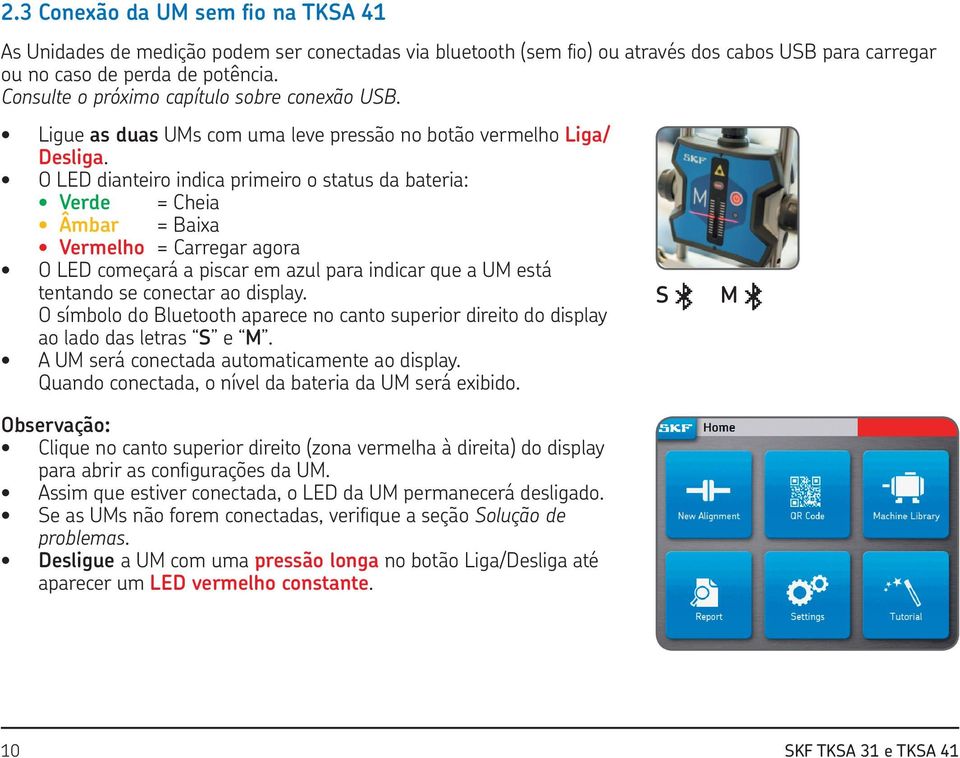 O LED dianteiro indica primeiro o status da bateria: Verde = Cheia Âmbar = Baixa Vermelho = Carregar agora O LED começará a piscar em azul para indicar que a UM está tentando se conectar ao display.