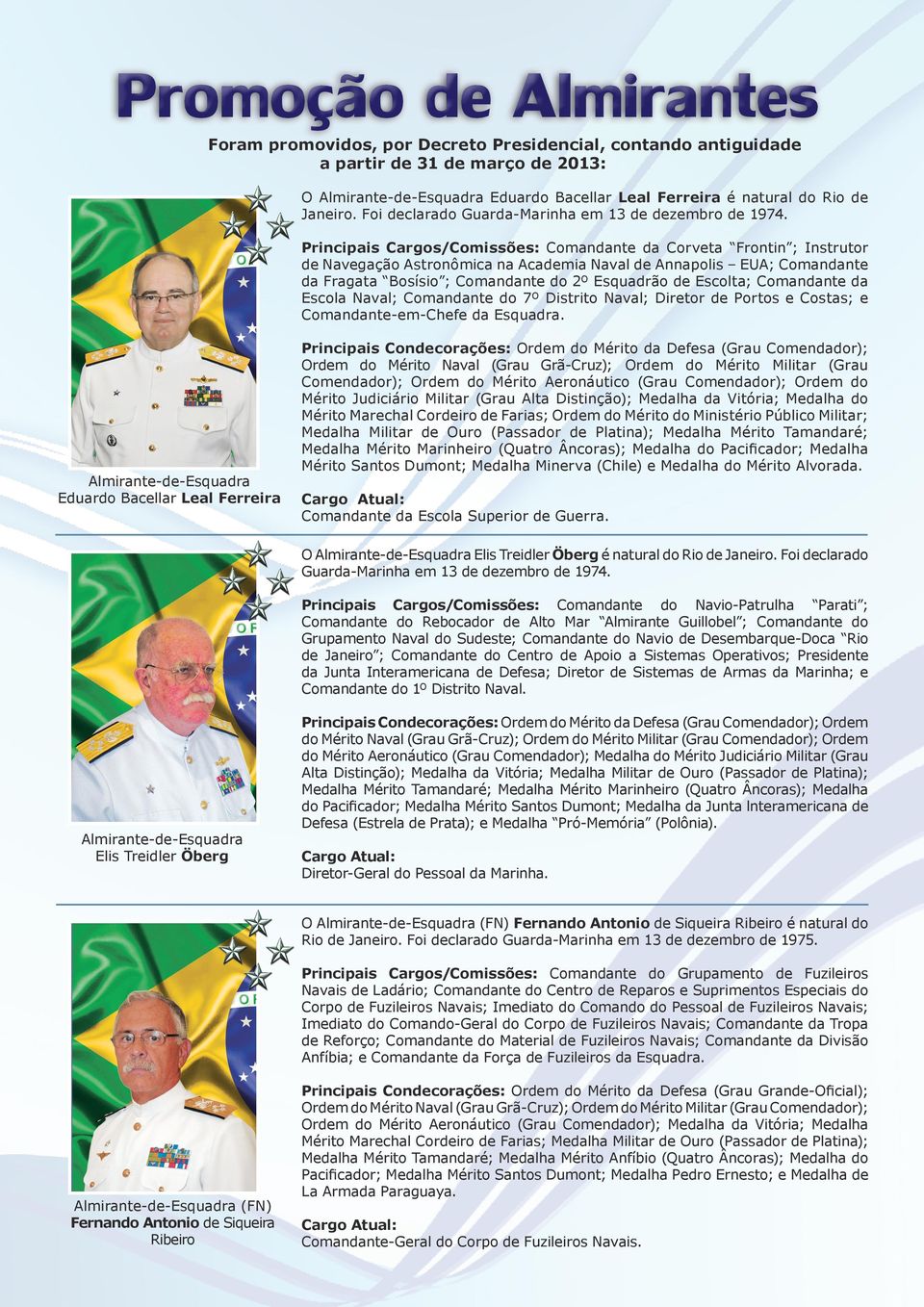 Principais Cargos/Comissões: Comandante da Corveta Frontin ; Instrutor de Navegação Astronômica na Academia Naval de Annapolis EUA; Comandante da Fragata Bosísio ; Comandante do 2º Esquadrão de