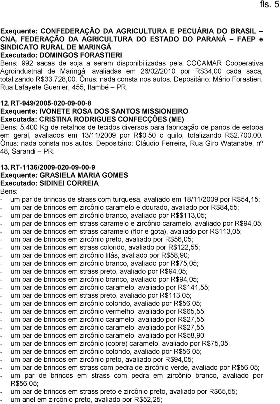 Depositário: Mário Forastieri, Rua Lafayete Guenier, 455, Itambé PR. 12. RT-949/2005-020-09-00-8 Exequente: IVONETE ROSA DOS SANTOS MISSIONEIRO Executada: CRISTINA RODRIGUES CONFECÇÕES (ME) Bens: 5.