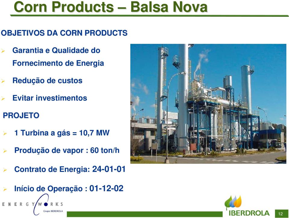 investimentos PROJETO 1 Turbina a gás = 10,7 MW Produção de vapor