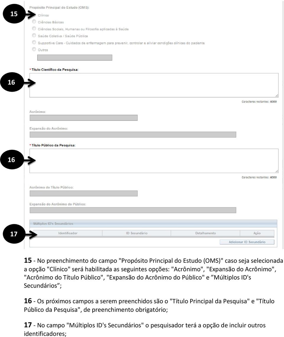 Múltiplos ID's Secundários ; 16 - Os próximos campos a serem preenchidos são o "Título Principal da Pesquisa" e "Título Público da