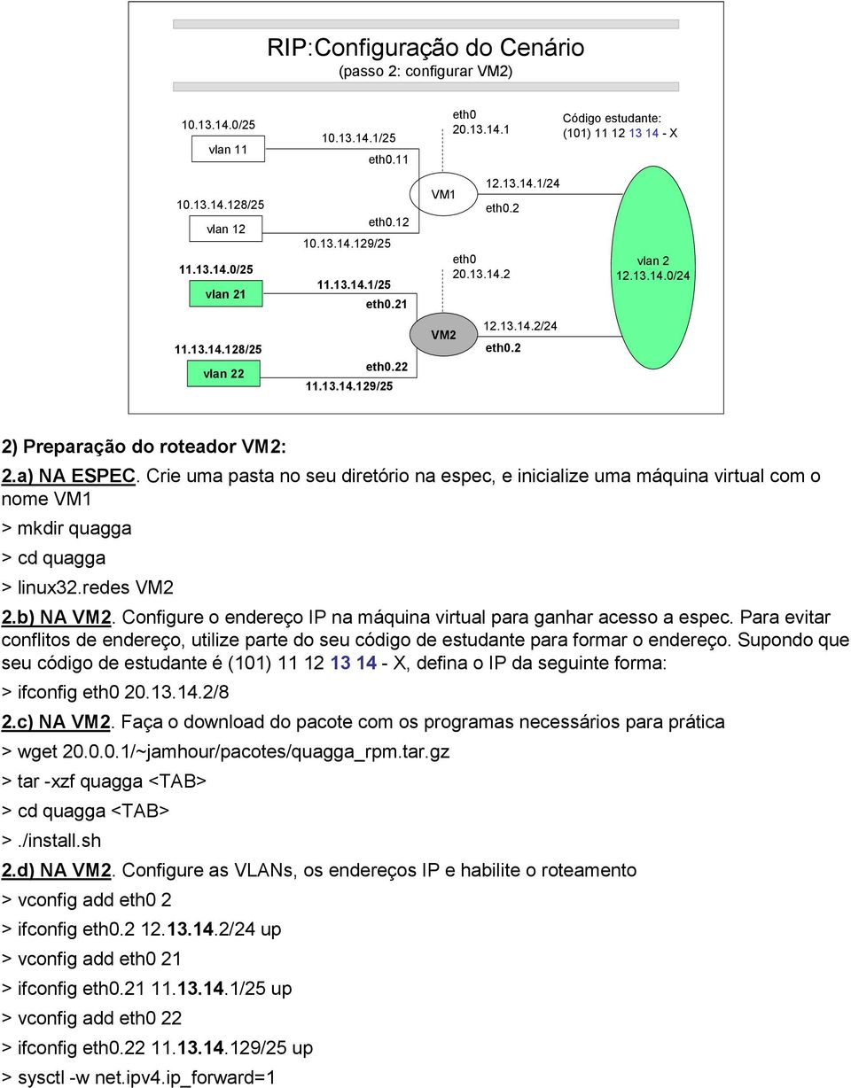 Crie uma pasta no seu diretório na espec, e inicialize uma máquina virtual com o nome VM1 > mkdir quagga > cd quagga > linux32.redes VM2 2.b) NA VM2.