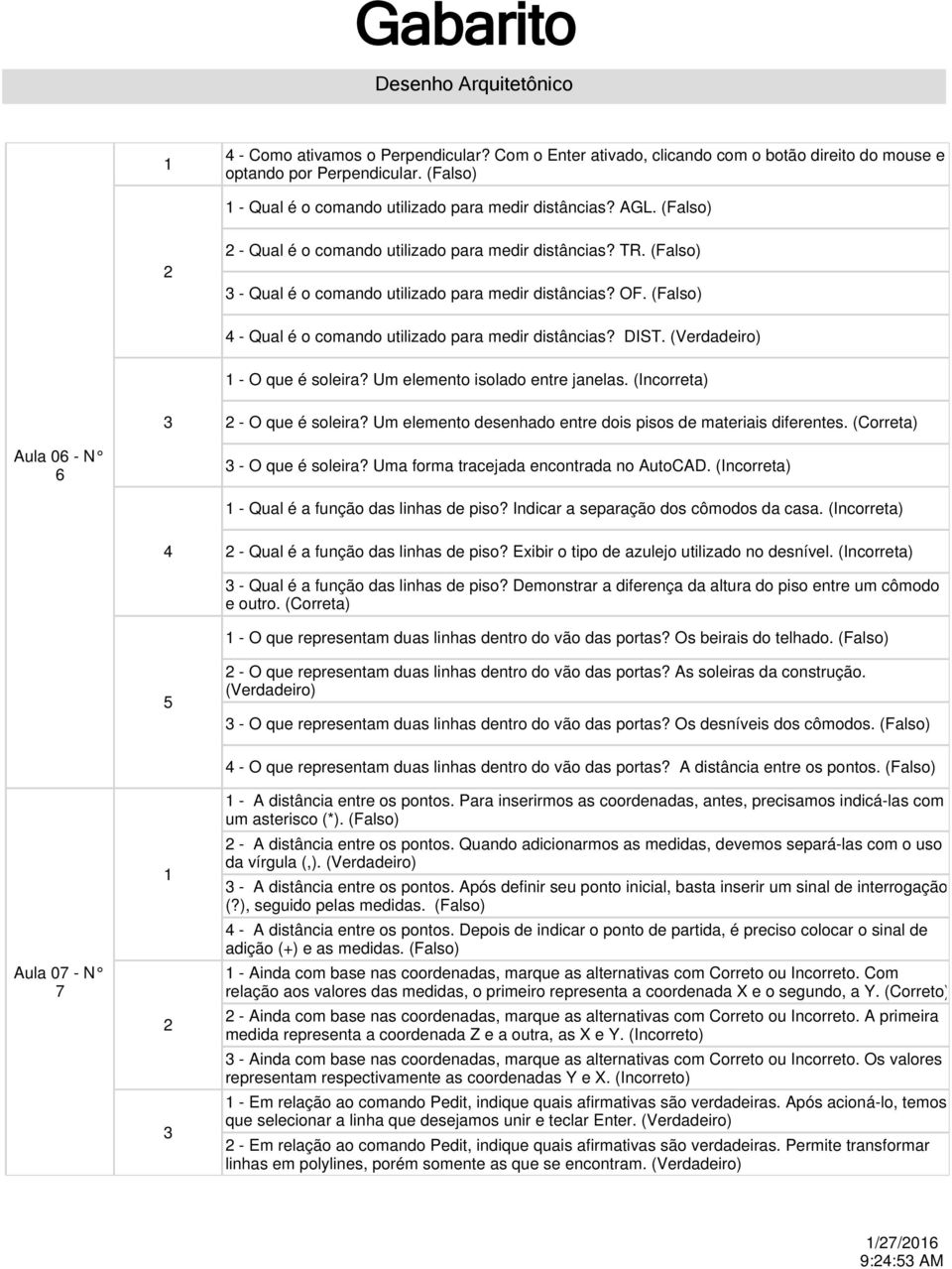 Um elemento isolado entre janelas. (Incorreta) - O que é soleira? Um elemento desenhado entre dois pisos de materiais diferentes. (Correta) Aula 06 - N 6 - O que é soleira?