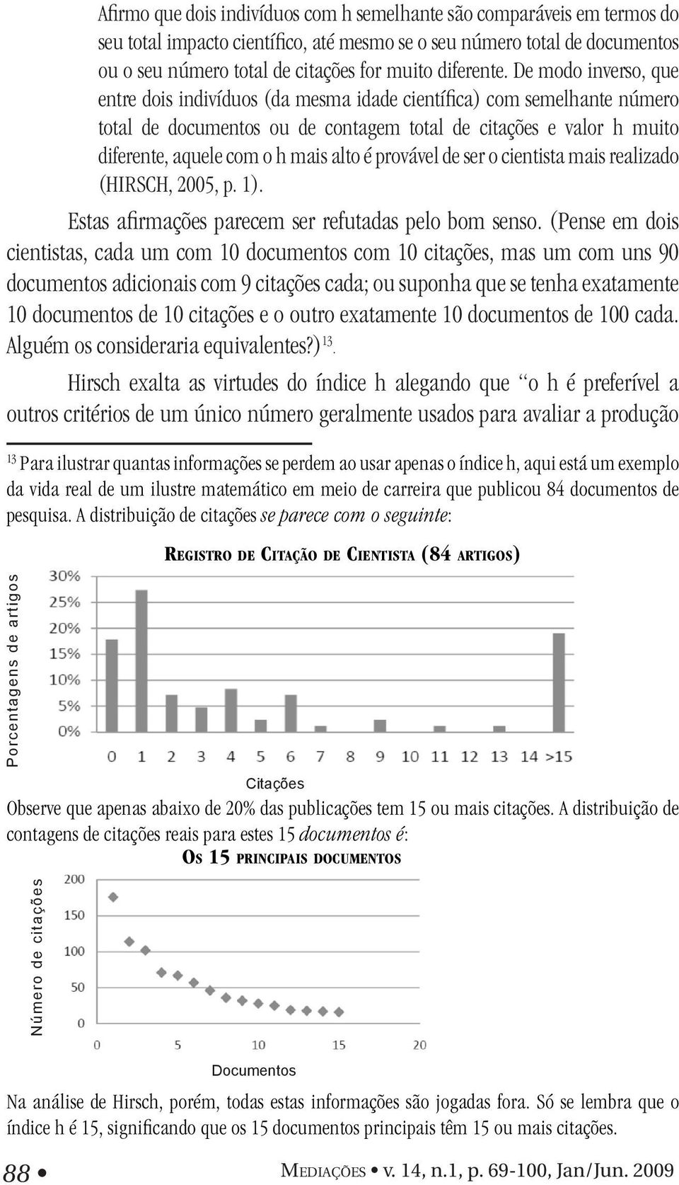 De modo inverso, que entre dois indivíduos (da mesma idade científica) com semelhante número total de documentos ou de contagem total de citações e valor h muito diferente, aquele com o h mais alto é