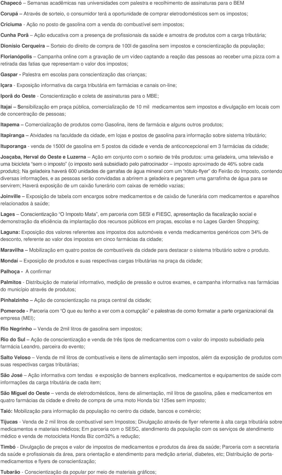 tributária; Dionísio Cerqueira Sorteio do direito de compra de 100l de gasolina sem impostos e conscientização da população; Florianópolis Campanha online com a gravação de um vídeo captando a reação