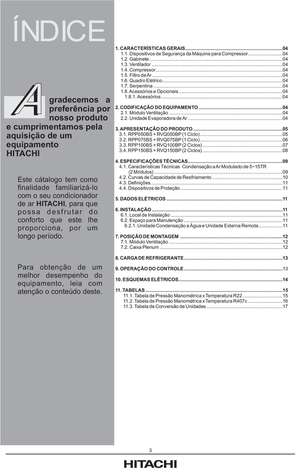 ..04 1.1. Dispositivos de Segurança da Máquina para Compressor...04 1.2. Gabinete...04 1.. Ventilador...04 1.4. Compressor...04 1.5. Filtro dear...04 1.6. Quadro Elétrico...04 1.7. Serpentina...04 1.8.