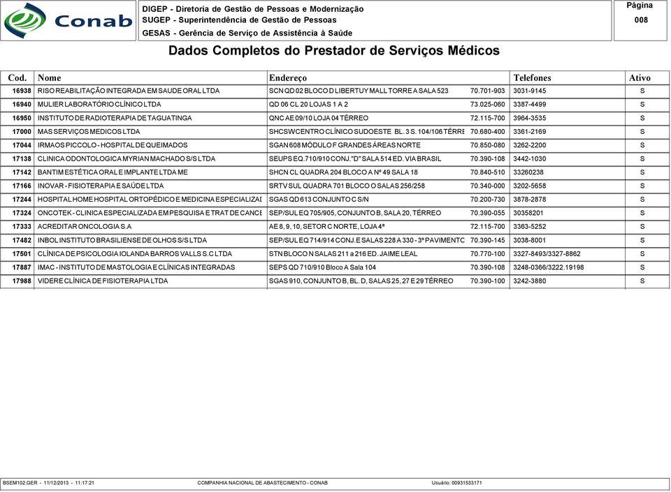 025-060 3387-4499 16950 INTITUTO DE RADIOTERAPIA DE TAGUATINGA QNC AE 09/10 LOJA 04 TÉRREO 3964-3535 17000 MA ERVIÇO MEDICO LTDA HCW CENTRO CLÍNICO UDOETE BL. 3. 104/106 TÉRREO70.