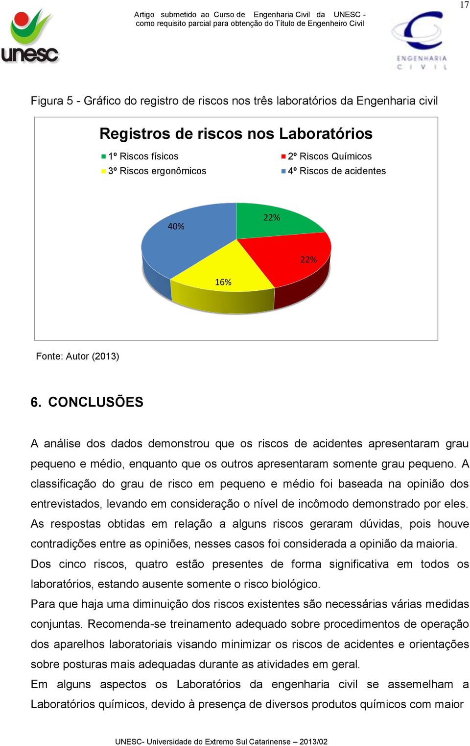 A classificação do grau de risco em pequeno e médio foi baseada na opinião dos entrevistados, levando em consideração o nível de incômodo demonstrado por eles.