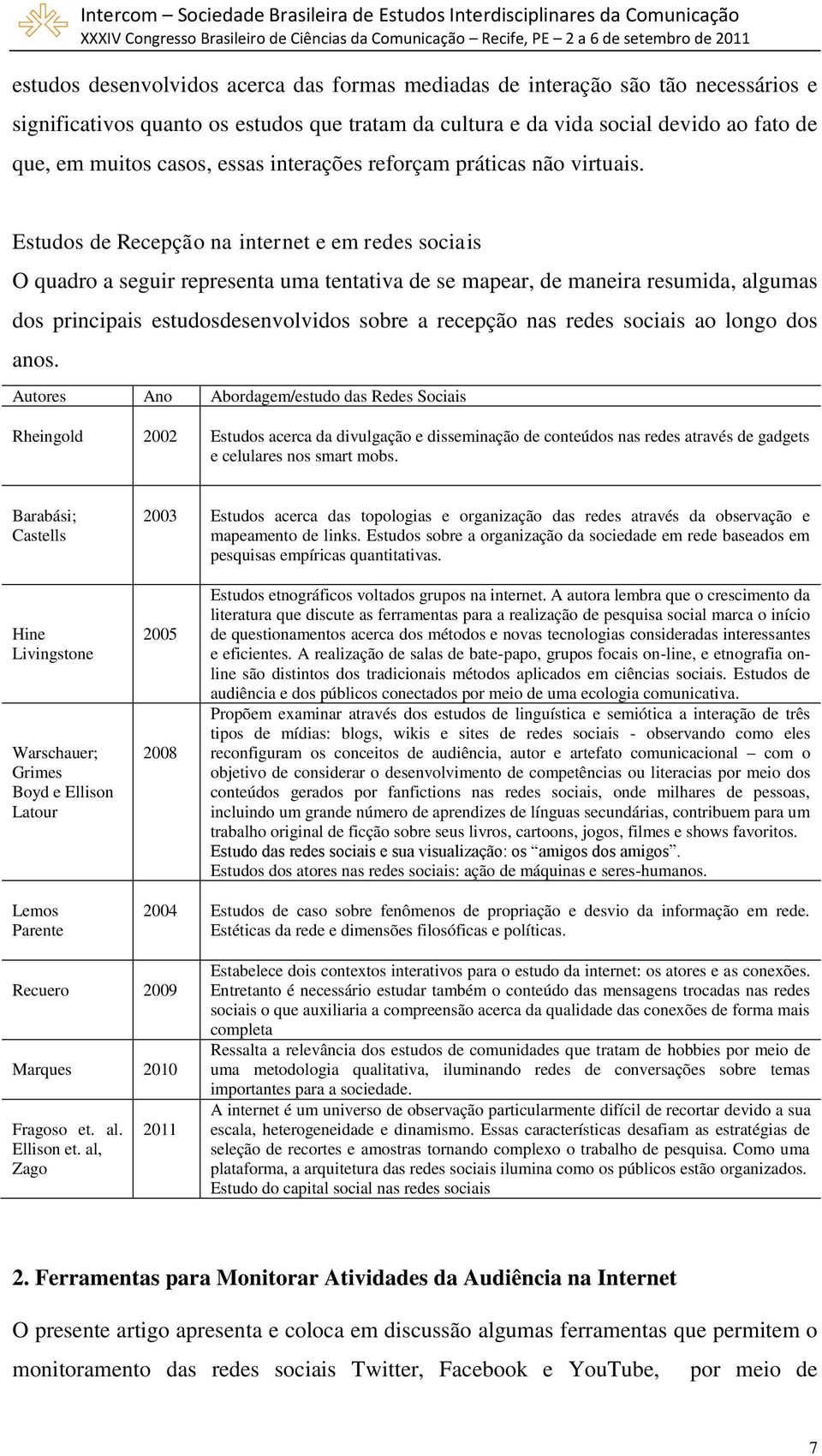 Estudos de Recepção na internet e em redes sociais O quadro a seguir representa uma tentativa de se mapear, de maneira resumida, algumas dos principais estudosdesenvolvidos sobre a recepção nas redes