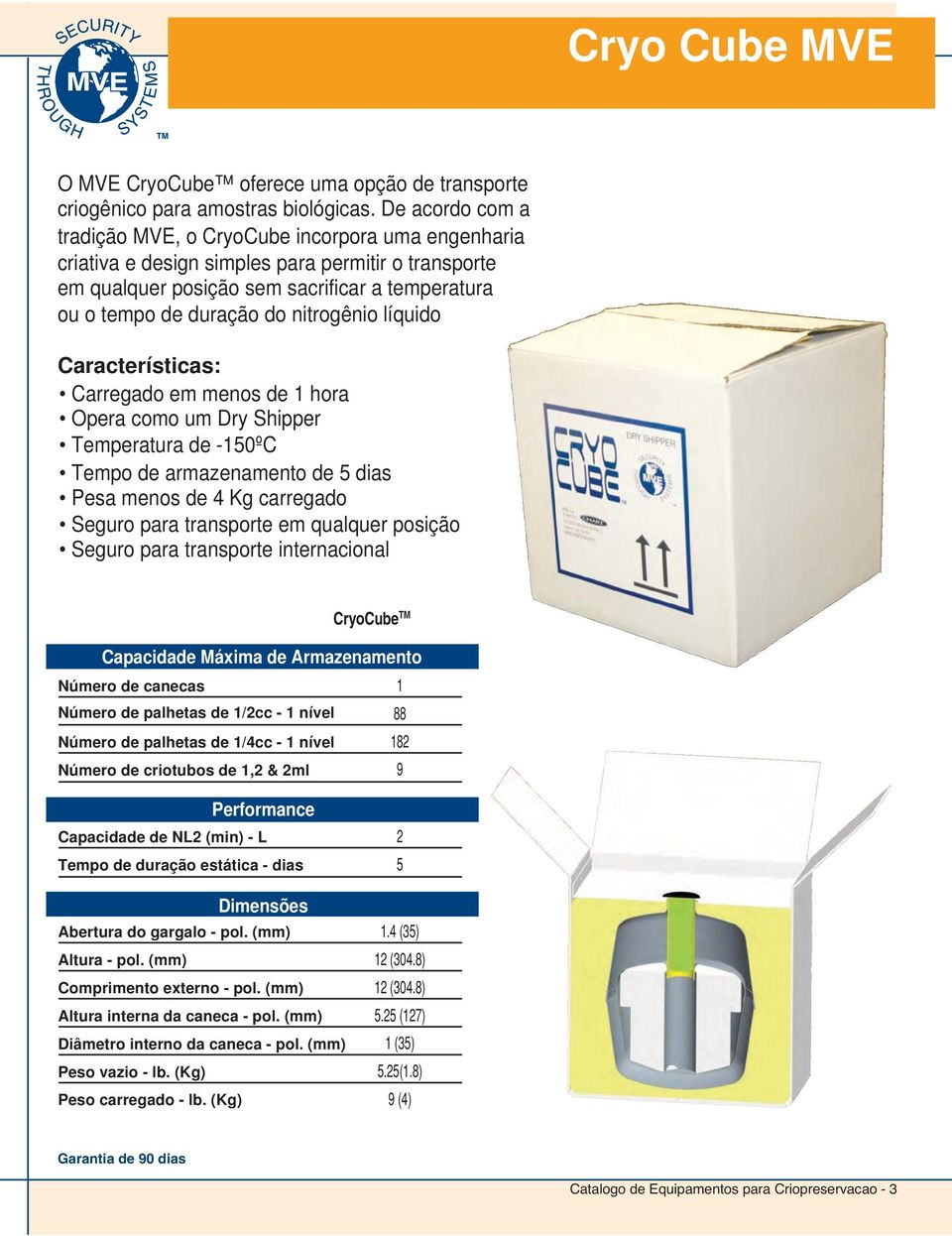 nitrogênio líquido Características: Carregado em menos de 1 hora Opera como um Dry Shipper Temperatura de -150ºC Tempo de armazenamento de 5 dias Pesa menos de 4 Kg carregado Seguro para transporte