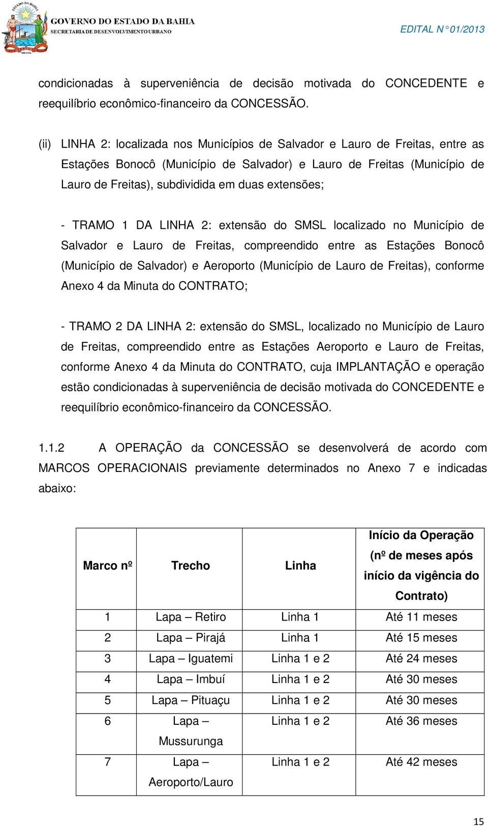 extensões; - TRAMO 1 DA LINHA 2: extensão do SMSL localizado no Município de Salvador e Lauro de Freitas, compreendido entre as Estações Bonocô (Município de Salvador) e Aeroporto (Município de Lauro