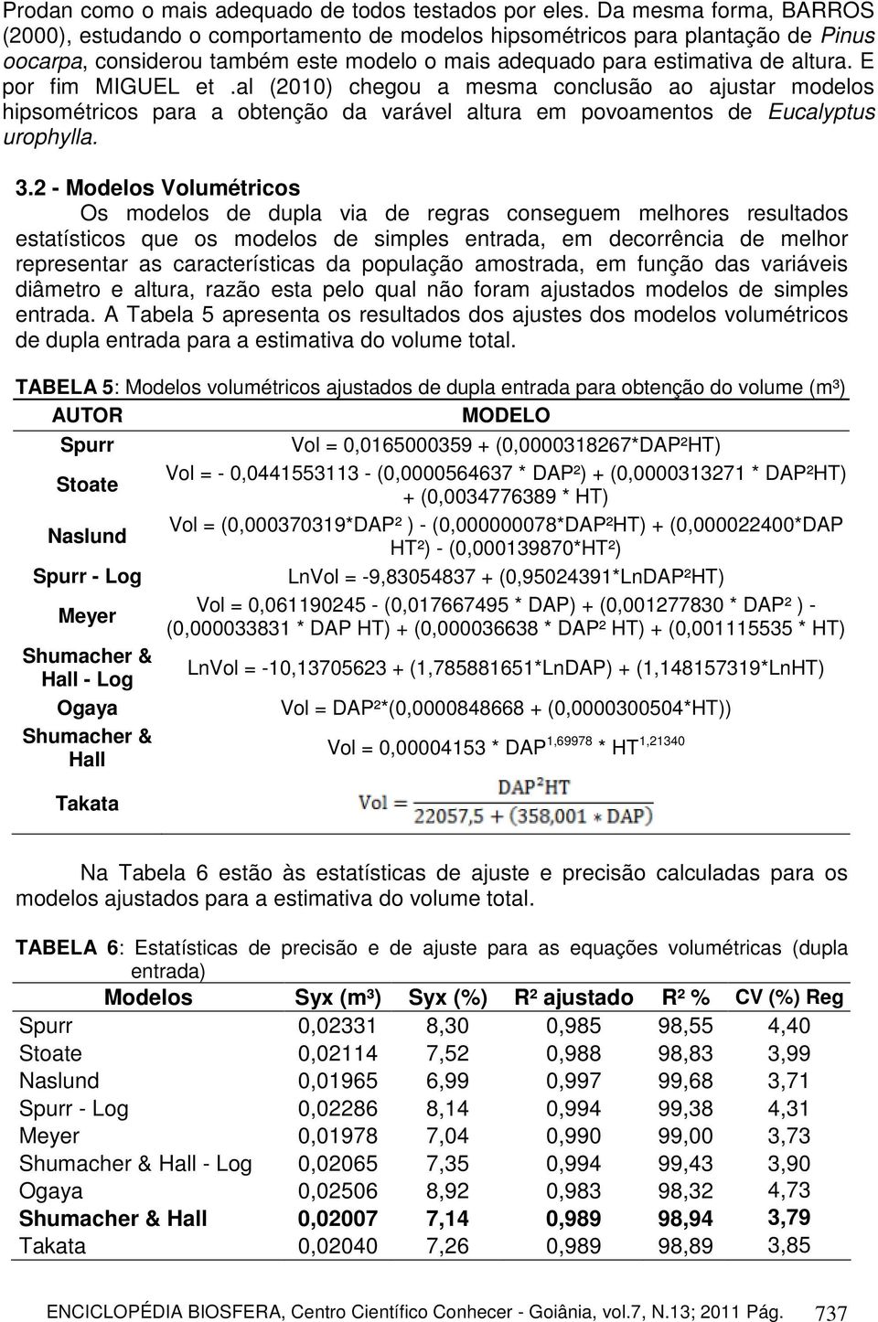 E por fim MIGUEL et.al (2010) chegou a mesma conclusão ao ajustar modelos hipsométricos para a obtenção da varável altura em povoamentos de Eucalyptus urophylla. 3.