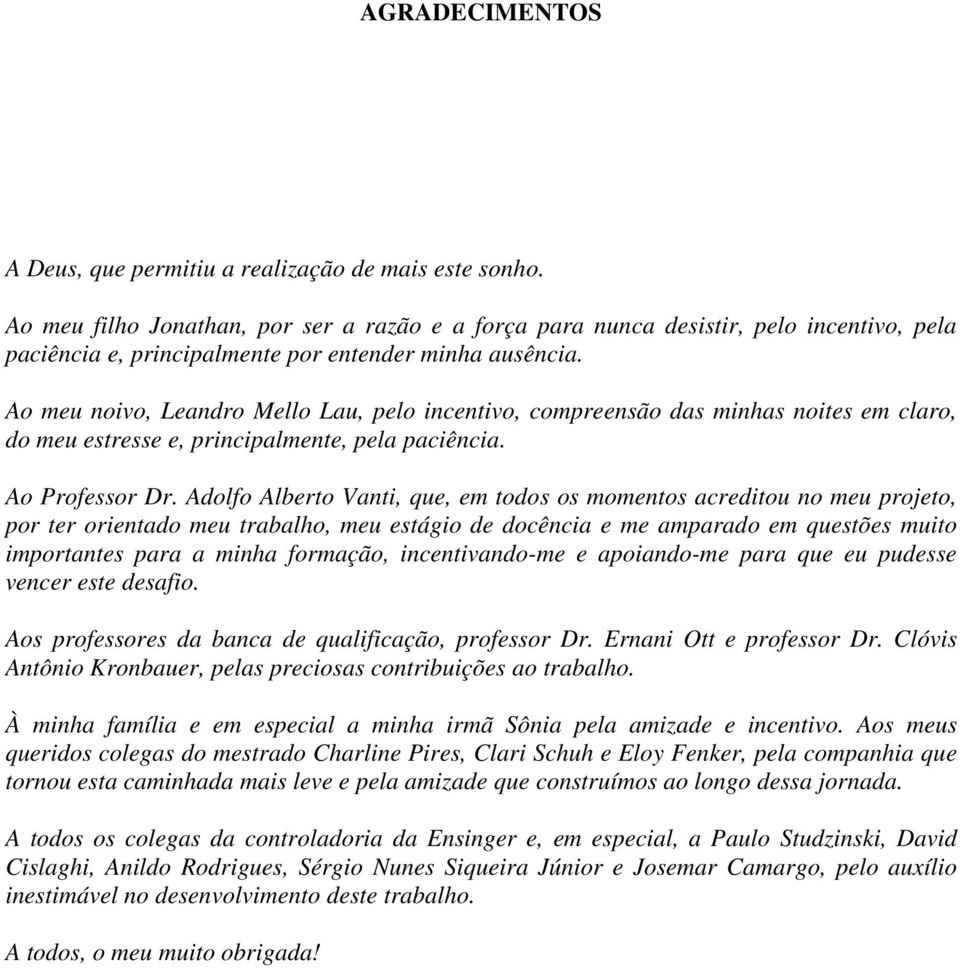 Ao meu noivo, Leandro Mello Lau, pelo incentivo, compreensão das minhas noites em claro, do meu estresse e, principalmente, pela paciência. Ao Professor Dr.