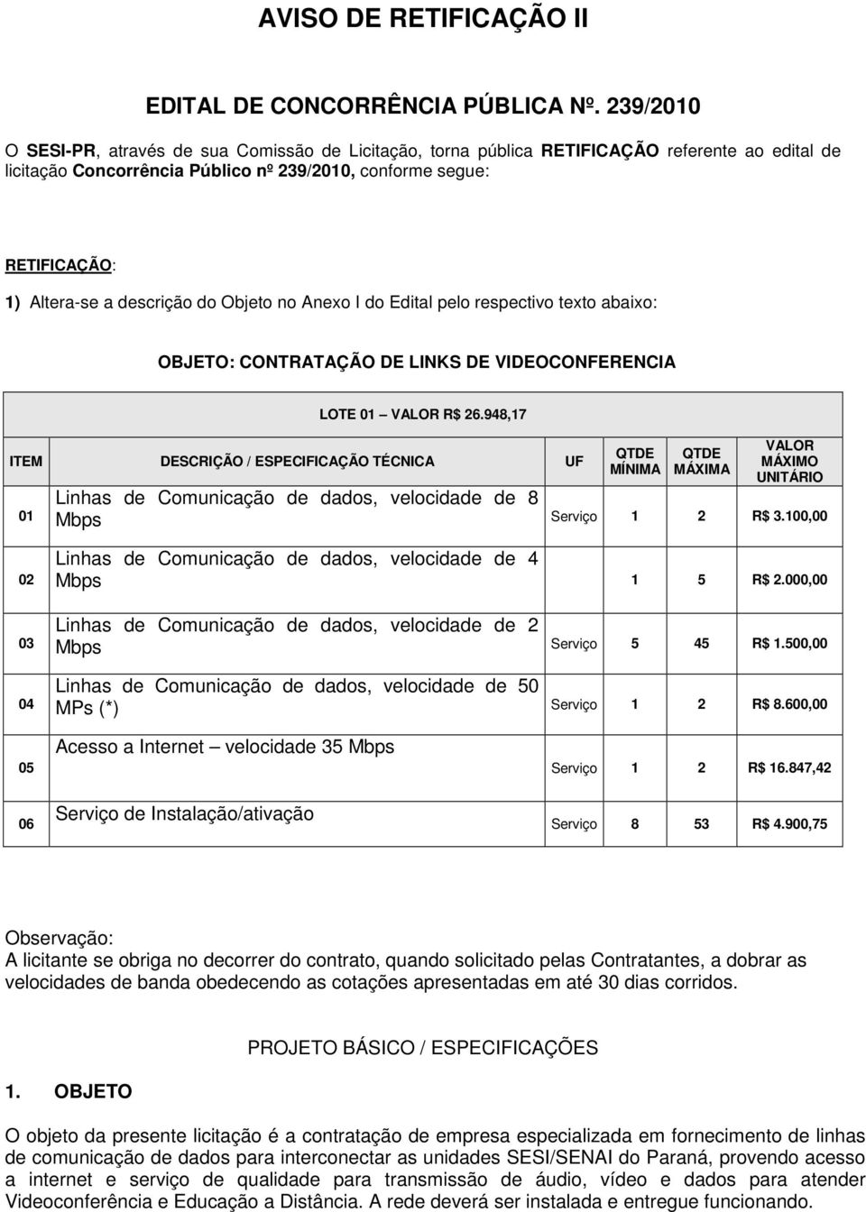 descrição do Objeto no Anexo I do Edital pelo respectivo texto abaixo: OBJETO: CONTRATAÇÃO DE LINKS DE VIDEOCONFERENCIA LOTE 01 VALOR R$ 26.