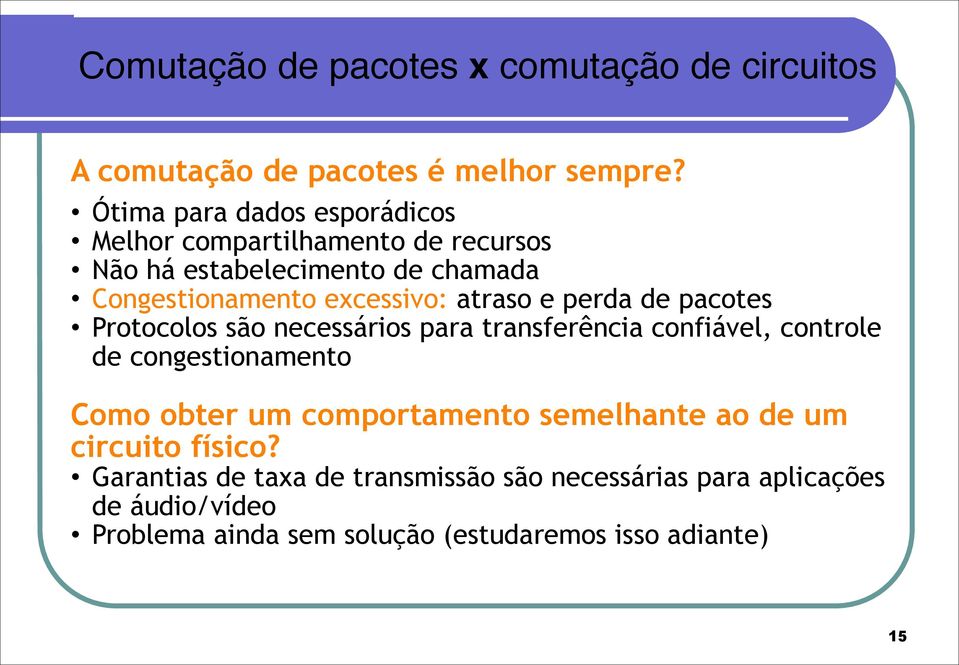 atraso e perda de pacotes Protocolos são necessários para transferência confiável, controle de congestionamento!