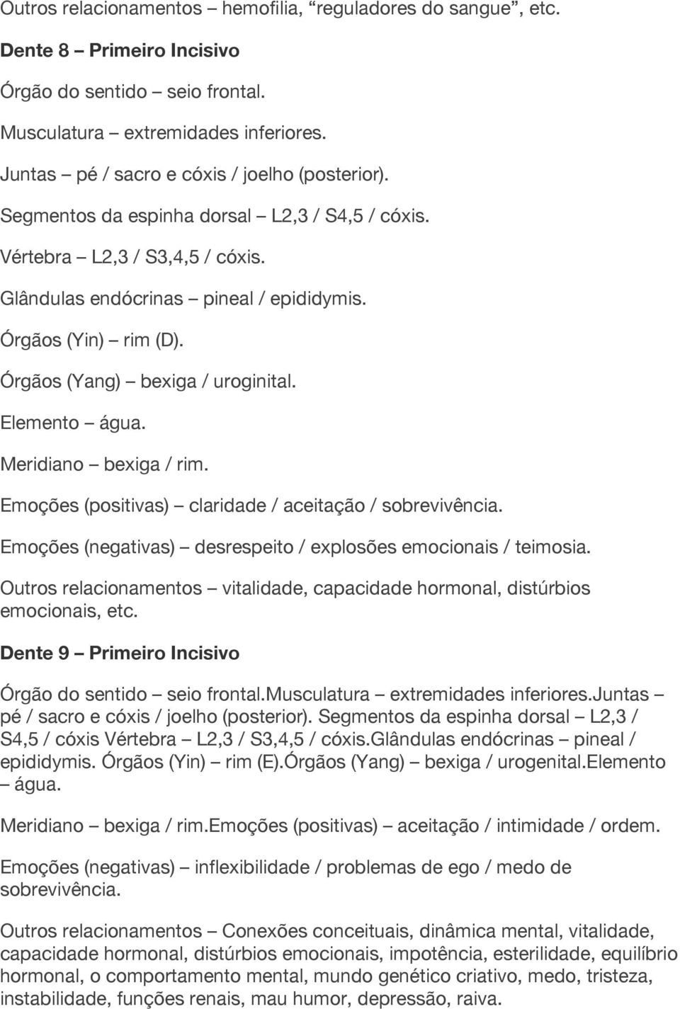 Órgãos (Yang) bexiga / uroginital. Elemento água. Meridiano bexiga / rim. Emoções (positivas) claridade / aceitação / sobrevivência. Emoções (negativas) desrespeito / explosões emocionais / teimosia.