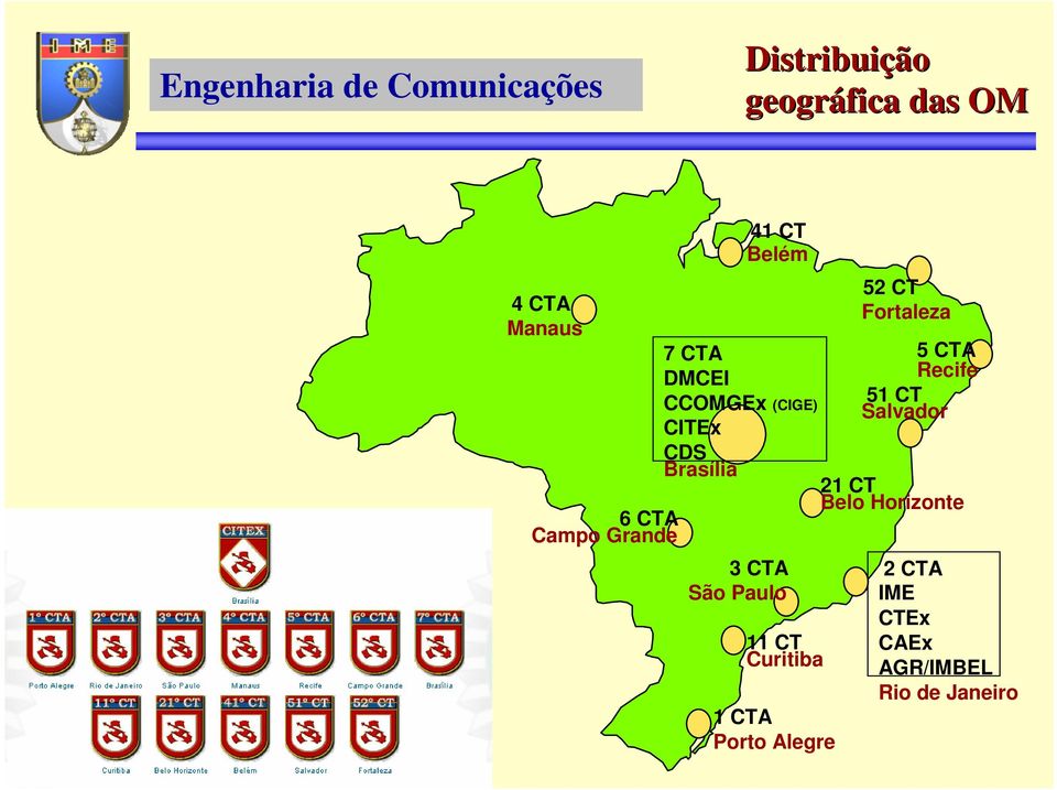 CDS Brasília 21 CT Belo Horizonte 6 CTA Campo Grande 3 CTA 2 CTA São