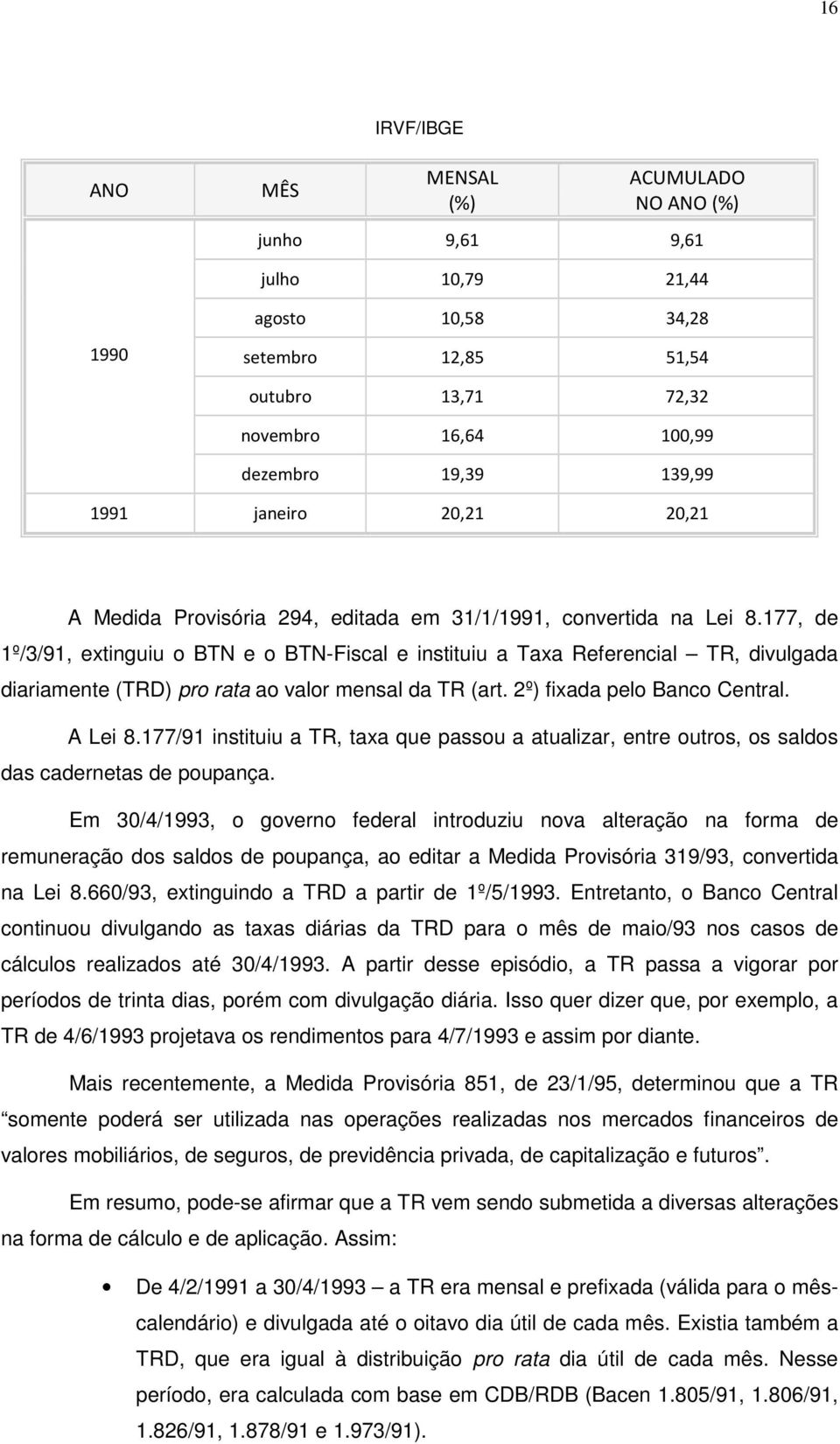 177, de 1º/3/91, extinguiu o BTN e o BTN-Fiscal e instituiu a Taxa Referencial TR, divulgada diariamente (TRD) pro rata ao valor mensal da TR (art. 2º) fixada pelo Banco Central. A Lei 8.