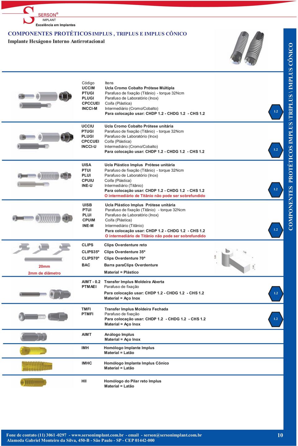 unitária (Titânio) - torque 32Ncm Parafuso de Laboratório (Inox) Coifa (Plástica) Intermediário (Cromo/Cobalto) Ucla Plástico Implus Prótese unitária (Titânio) - torque 32Ncm Parafuso de Laboratório