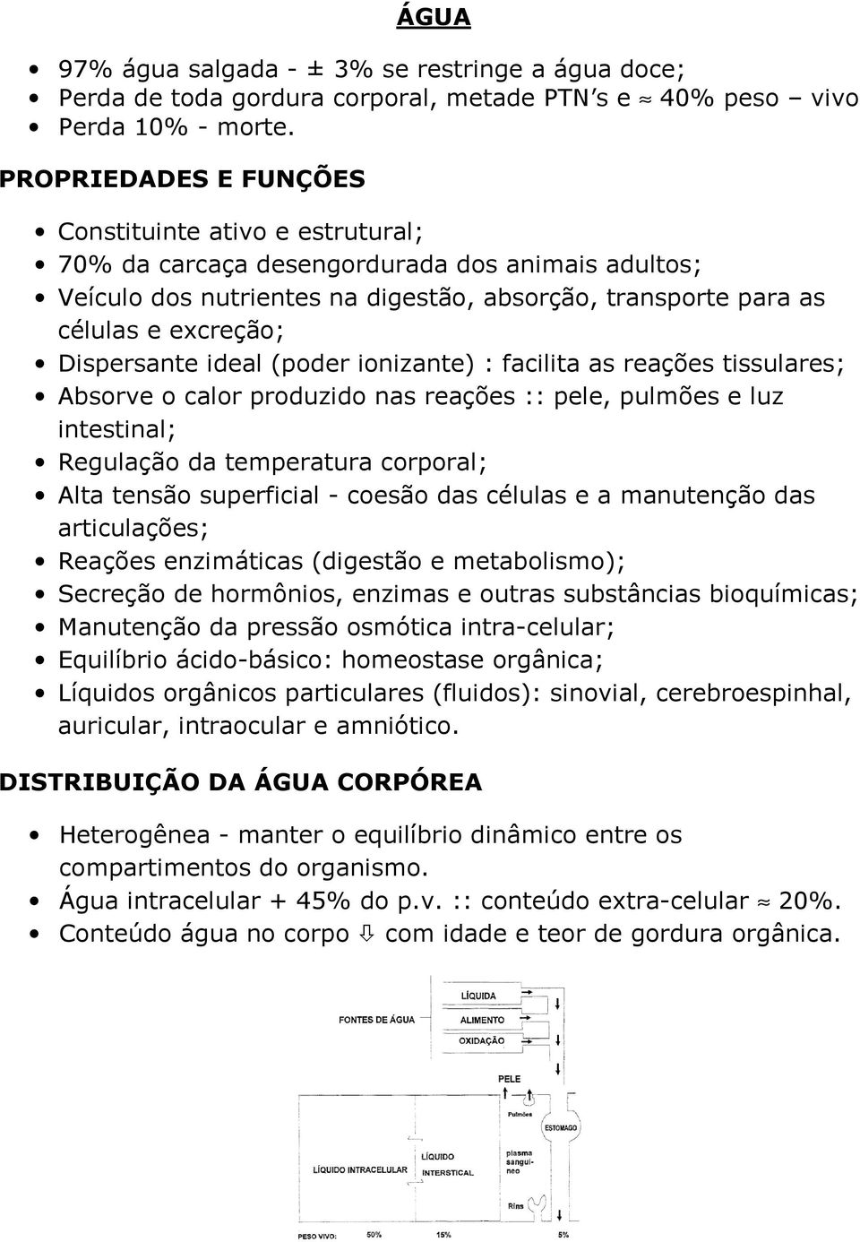 Dispersante ideal (poder ionizante) : facilita as reações tissulares; Absorve o calor produzido nas reações :: pele, pulmões e luz intestinal; Regulação da temperatura corporal; Alta tensão