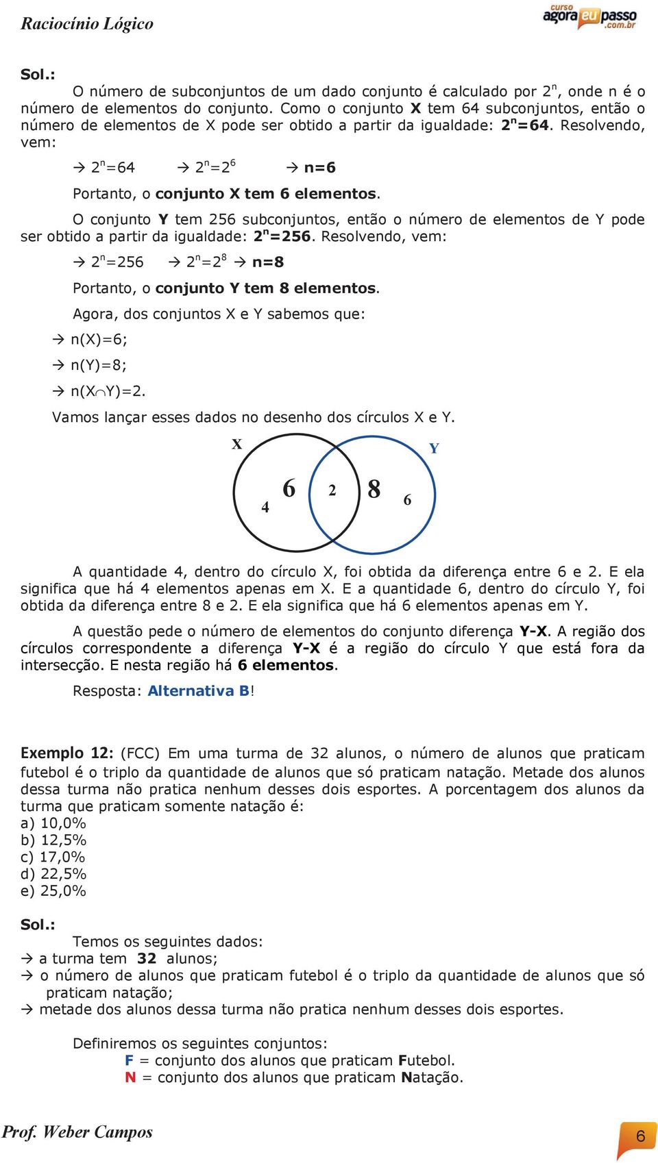 Resolvendo, vem: à 2 n =64 à 2 n =2 6 à n=6 Portanto, o conjunto X tem 6 elementos. O conjunto Y tem 256 subconjuntos, então o número de elementos de Y pode ser obtido a partir da igualdade: 2 n =256.