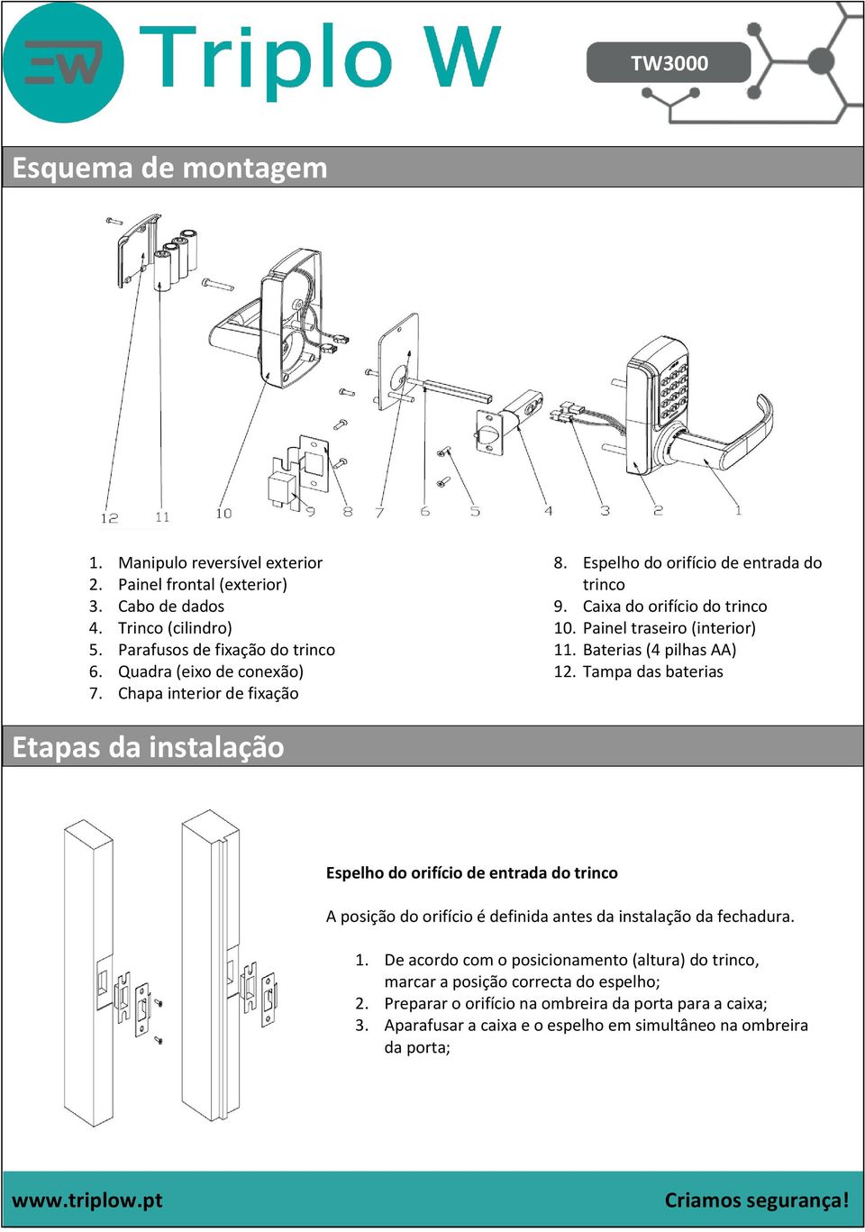 Baterias (4 pilhas AA) 12. Tampa das baterias Etapas da instalação Espelho do orifício de entrada do trinco A posição do orifício é definida antes da instalação da fechadura. 1. De acordo com o posicionamento (altura) do trinco, marcar a posição correcta do espelho; 2.