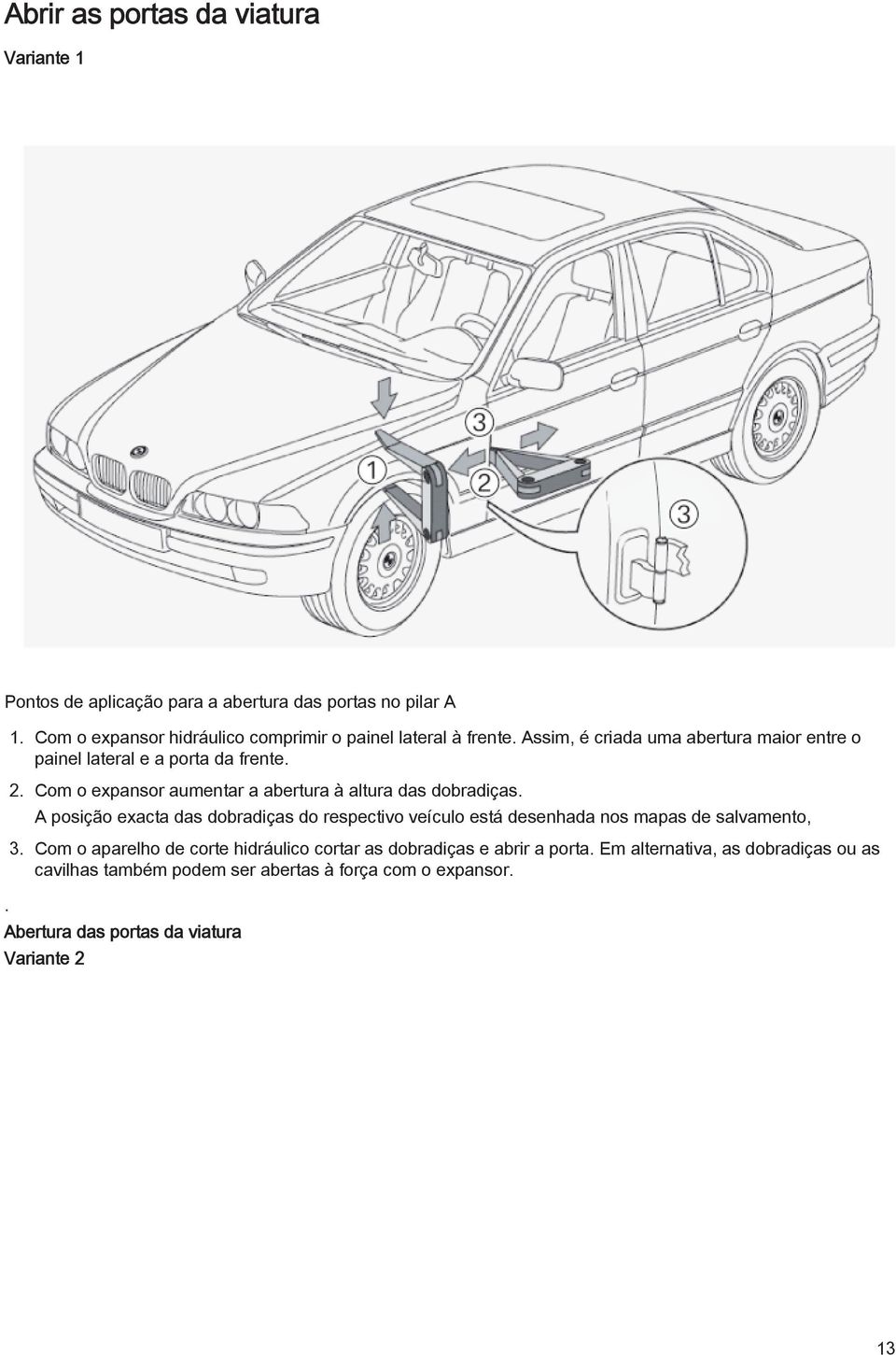 posição exacta das dobradiças do respectivo veículo está desenhada nos mapas de salvamento, 3 Com o aparelho de corte hidráulico cortar as dobradiças