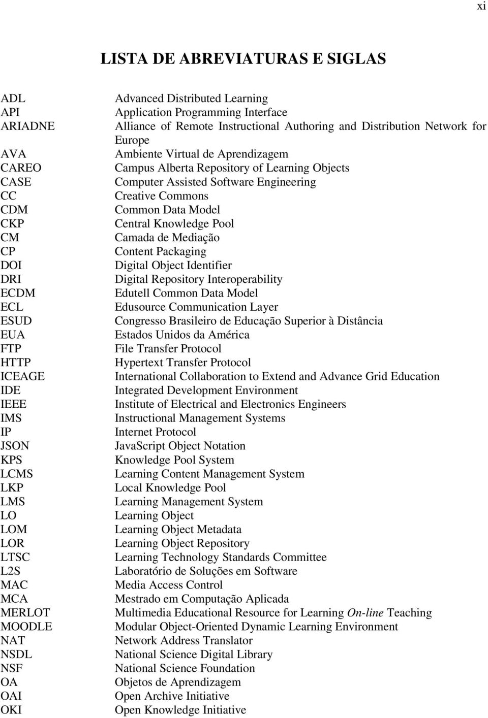 Aprendizagem Campus Alberta Repository of Learning Objects Computer Assisted Software Engineering Creative Commons Common Data Model Central Knowledge Pool Camada de Mediação Content Packaging