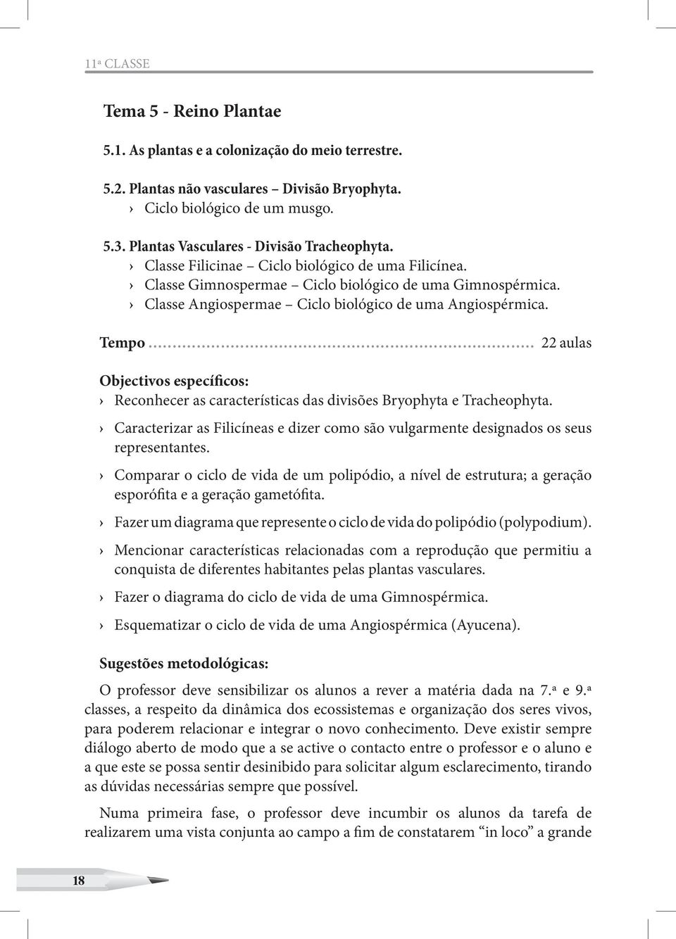 Classe Angiospermae Ciclo biológico de uma Angiospérmica. Tempo... 22 aulas Objectivos específicos: Reconhecer as características das divisões Bryophyta e Tracheophyta.