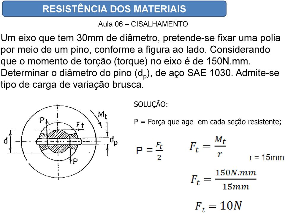 Considerando que o momento de torção (torque) no eixo é de 150N.mm.